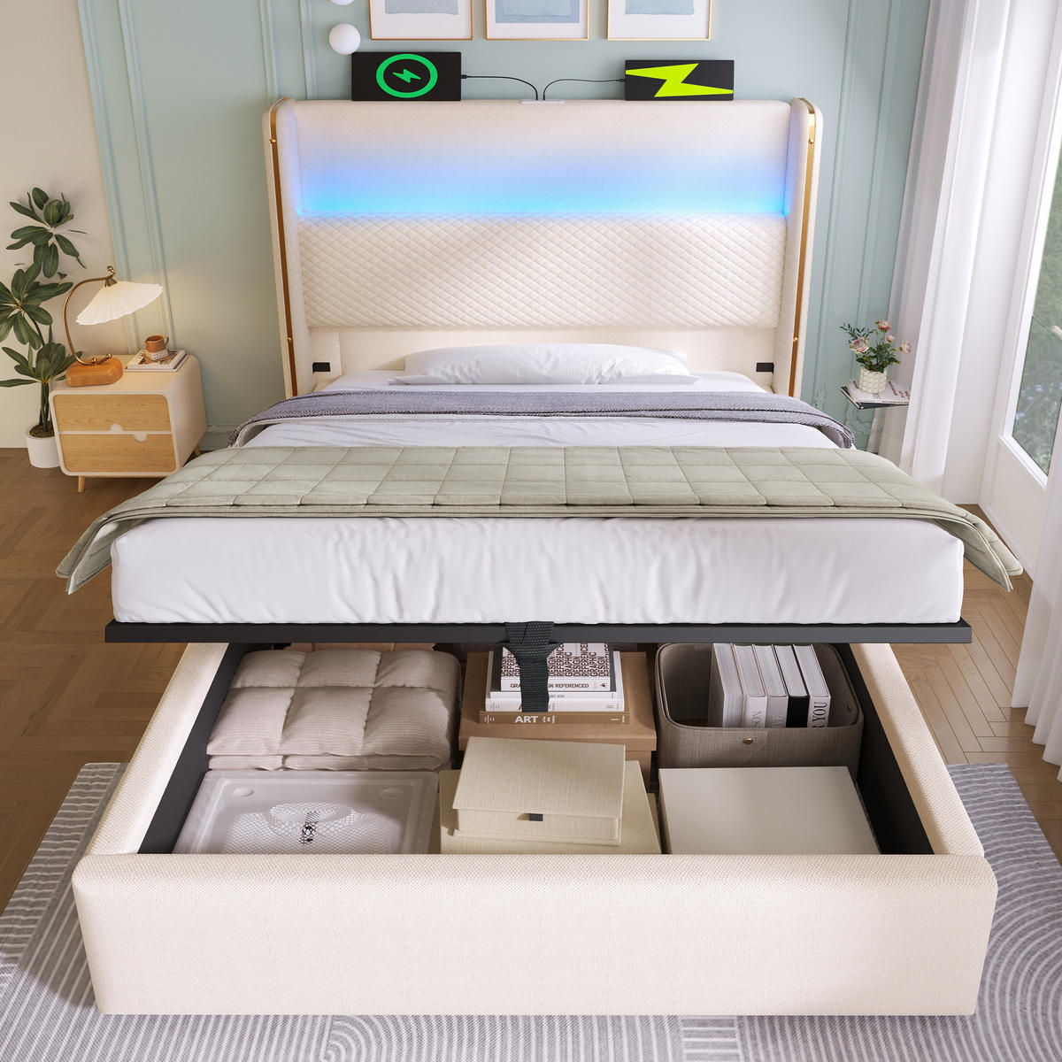 BETT Hydraulisches 90/200 cm Beige mit LED-Beleuchtung und Stauraum - Beige, Textil (90/200cm) - OKWISH