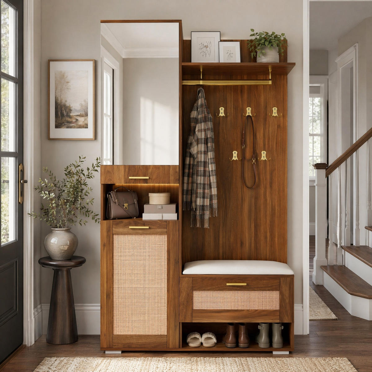 GARDEROBEN-SET in Nussbaumfarben Kleiderschrank-Set mit Schuhschrank, Sitzbank und LED-Beleuchtung , B110/T38/H190cm - Nussbaumfarben, Glas/Holzwerkstoff (110/190/38cm) - STILVORA