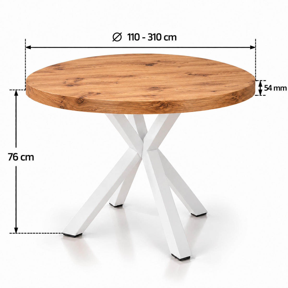 ESSTISCH rund ausziehbar 110-310/110/76 cm, Eiche Craft, 54 cm Tischplatte + X Metallbeine Weiß - Hellbraun/Eichefarben, Holzwerkstoff/Metall (110/110/76cm) - Damale Möbel