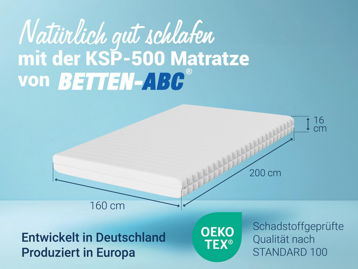 BETTEN-ABC KSP-500 - Das Original - 7-Zonen- Kaltschaummatratze mit waschbaren Klimafaserbezug, Größe: 160x200, Härtegrad: H3 - Weiß, Textil (160/200cm) - Betten-ABC