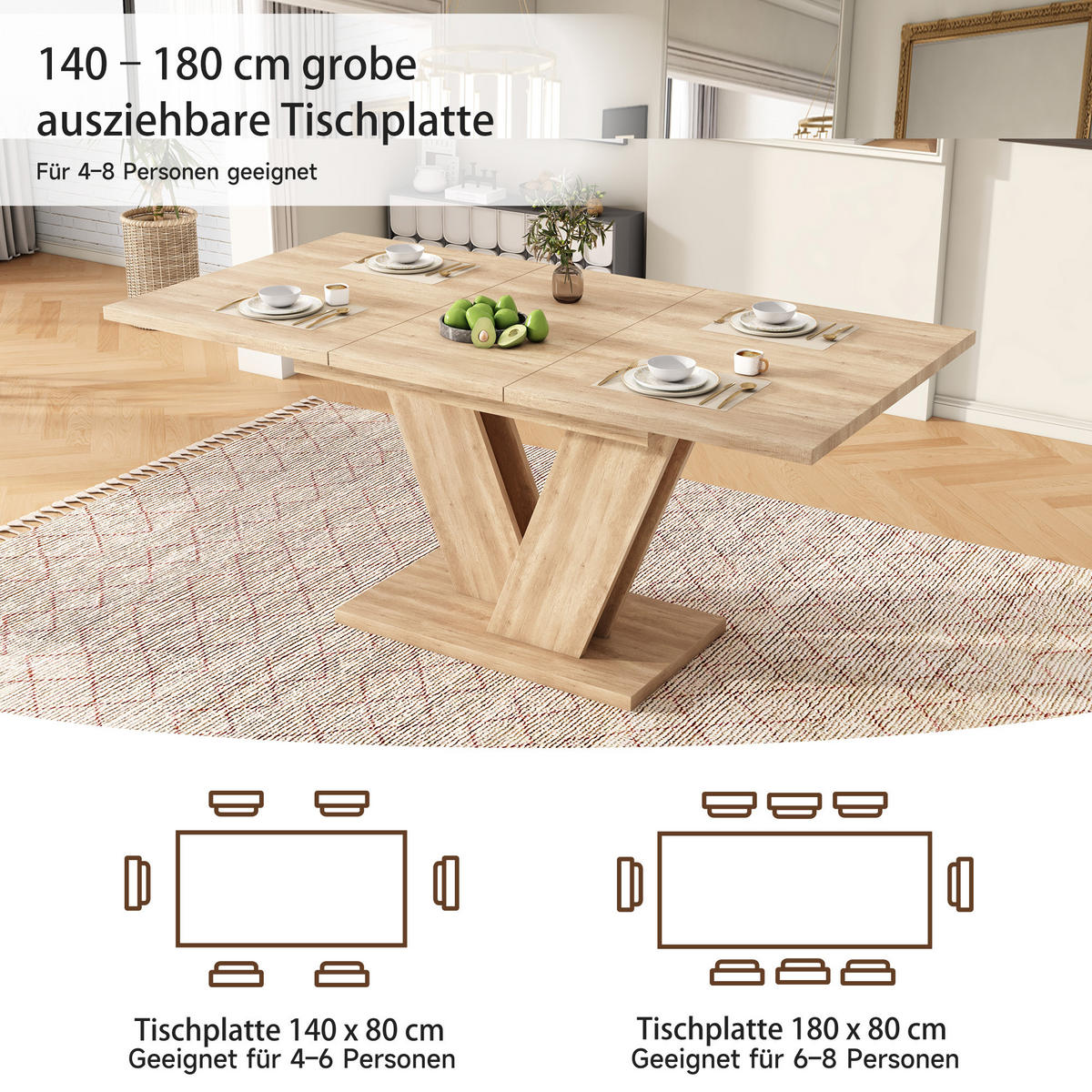 ESSTISCH in Eichenfarbe ausziehbarer Küchentisch mit verdickter Tischplatte und V-förmigen Beinen, B140-180/T80/H75.5cm - Eichefarben, Holzwerkstoff/Metall (80/180/75.5cm) - STILVORA