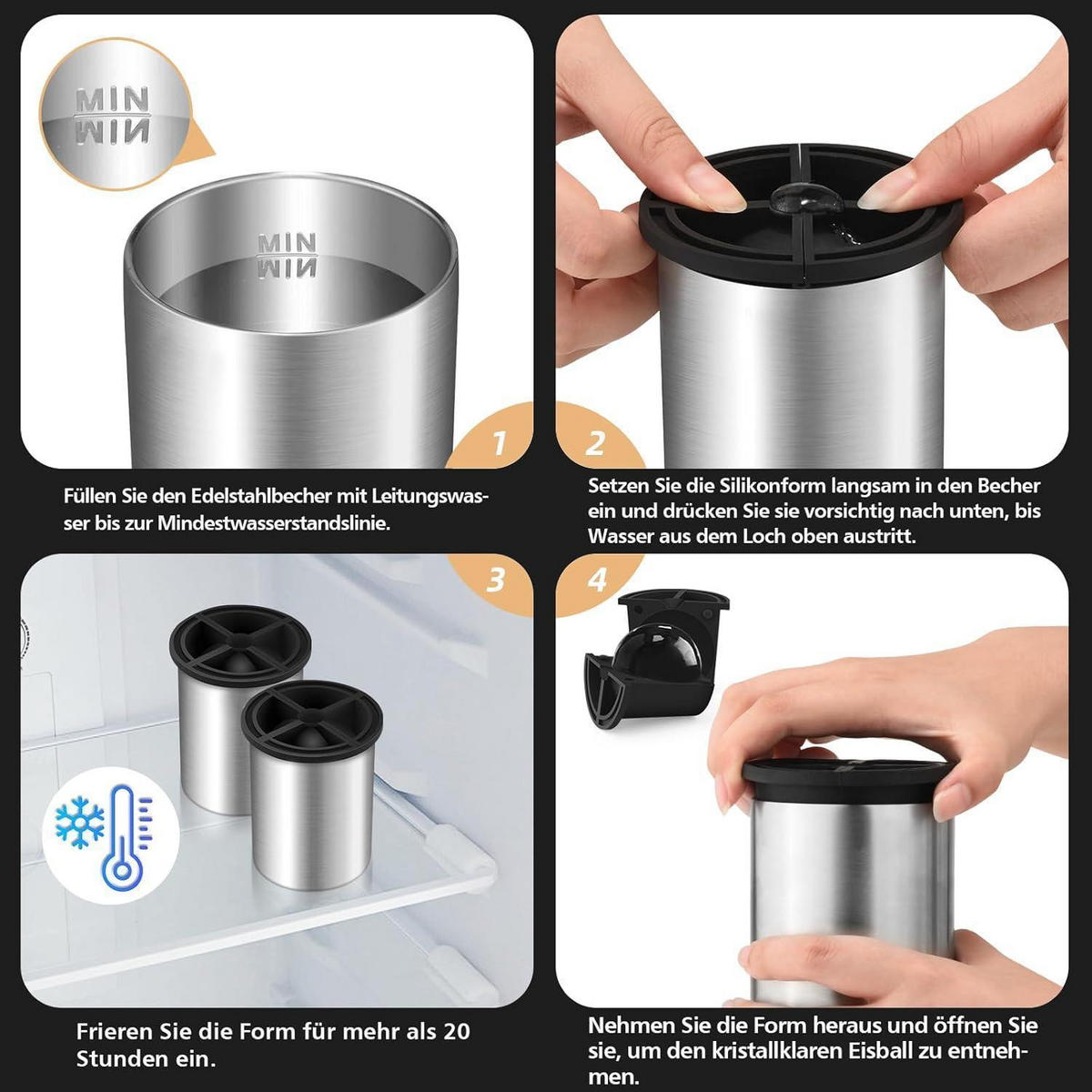 EISWÜRFELFORM 4er Set 6,4 cm Edelstahl - Transparent, Metall (19.5/12/18.5cm)
