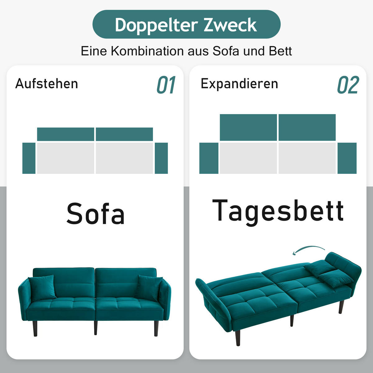 SCHLAFSOFA Samtbezug mit verstellbaren Rückenlehnen und klappbaren Armlehnen Antik Blaugrün 176/78/76 cm - Grün, Textil (78/76/176cm) - Redom