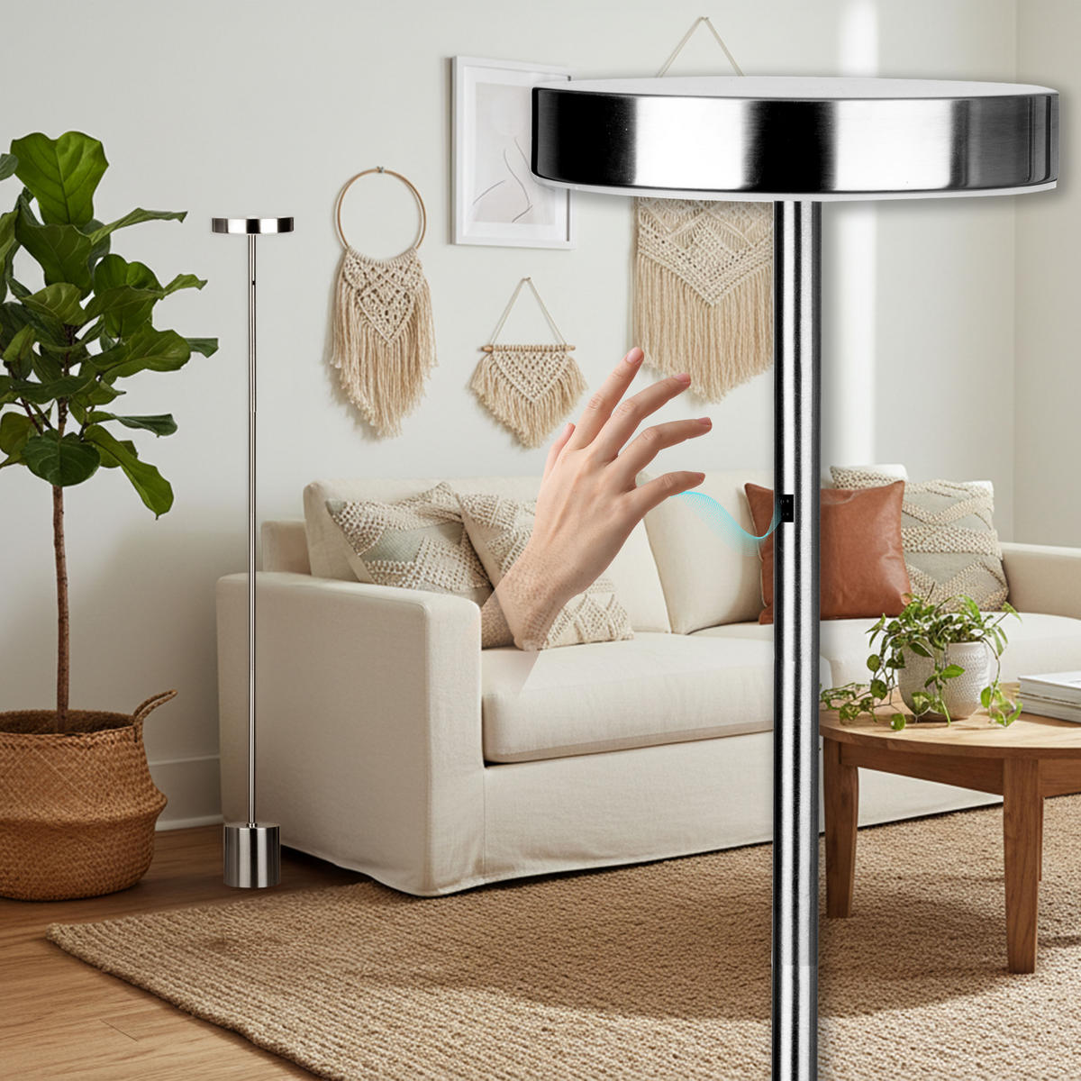 LED-STEHLEUCHTE Metall dimmbar Gestensteuerung warmweiß 3000K 700 Lumen modernes Design Wohnzimmer Schlafzimmer Höhe 140cm - Chromfarben, Metall (16/16/140cm) - Northpoint