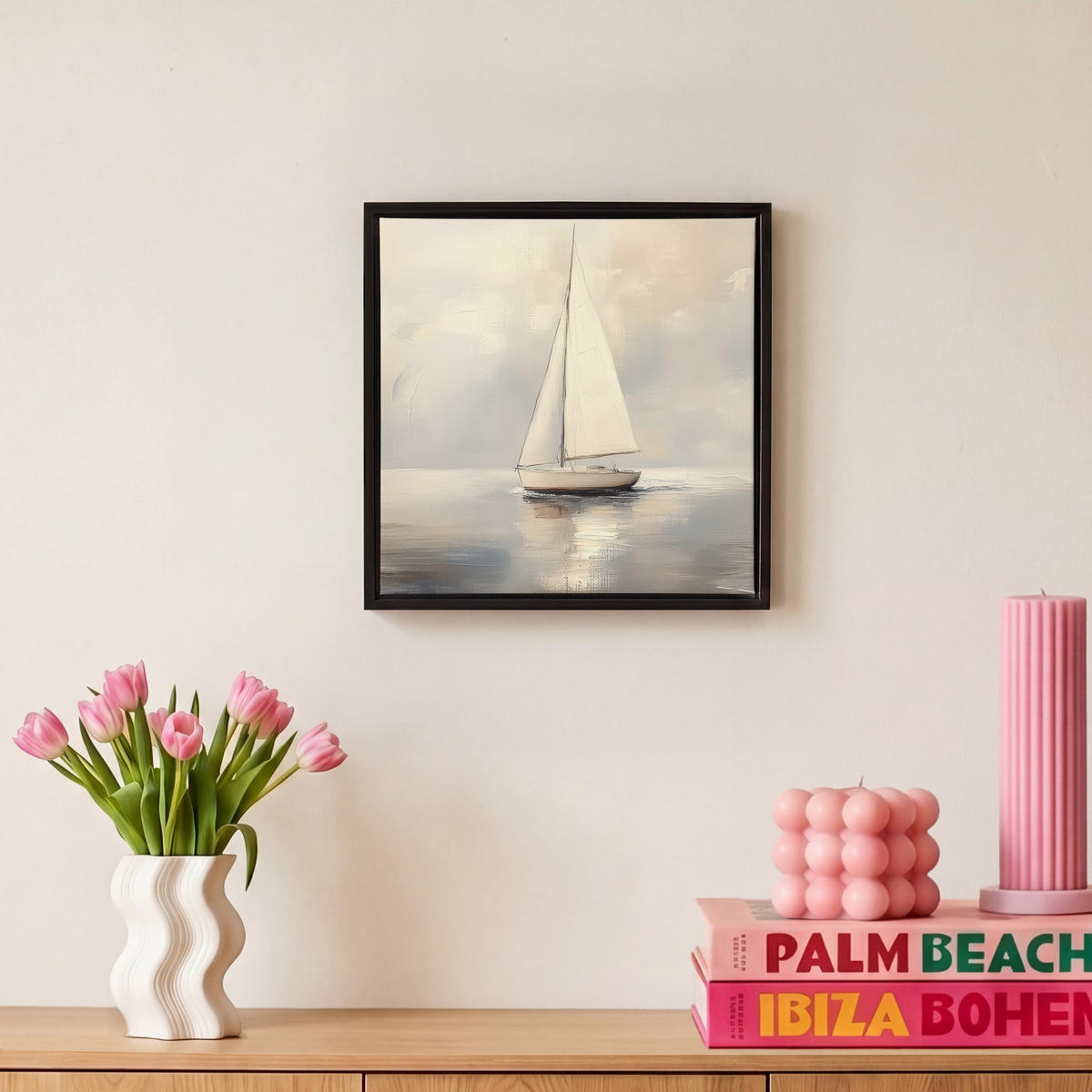 LEINWAND Bilder mit Rahmen - Segelschiff - Meer - Bewölkt - 20x20 - Creme, Textil (20/20cm) - MuchoWow