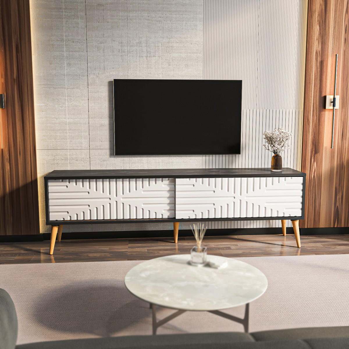 TV-LOWBOARD Riso - Robinienfarben/Weiß, Holzwerkstoff (180/54/35cm) - Decorotika