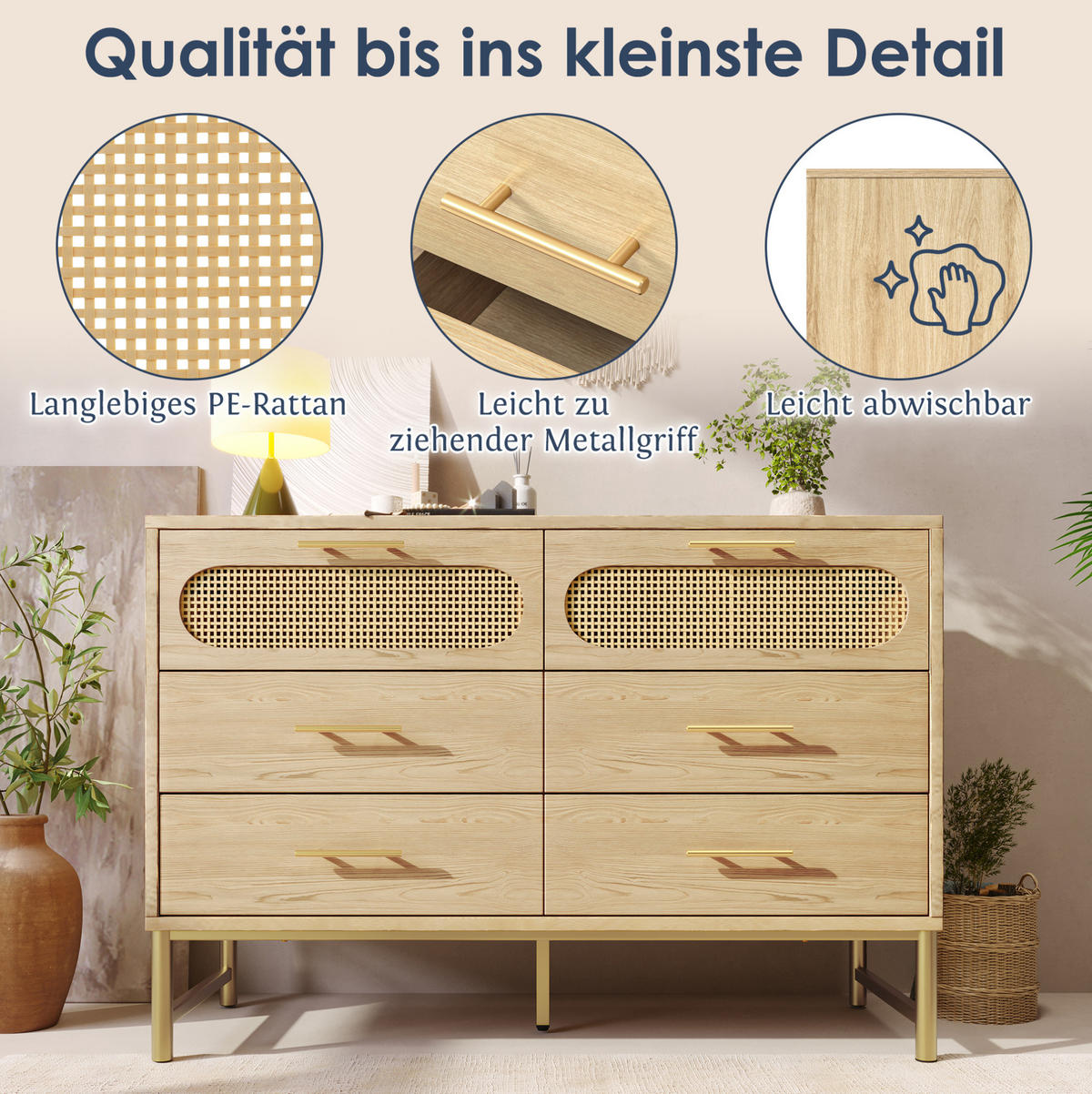 KOMMODE aus Spanplatte und Metall 40x120x74 cm Sonoma Eiche mit 6 Schubladen, Rattanoptik und Kippsicherung - Eichefarben, Metall (120/74/40cm) - Modfu