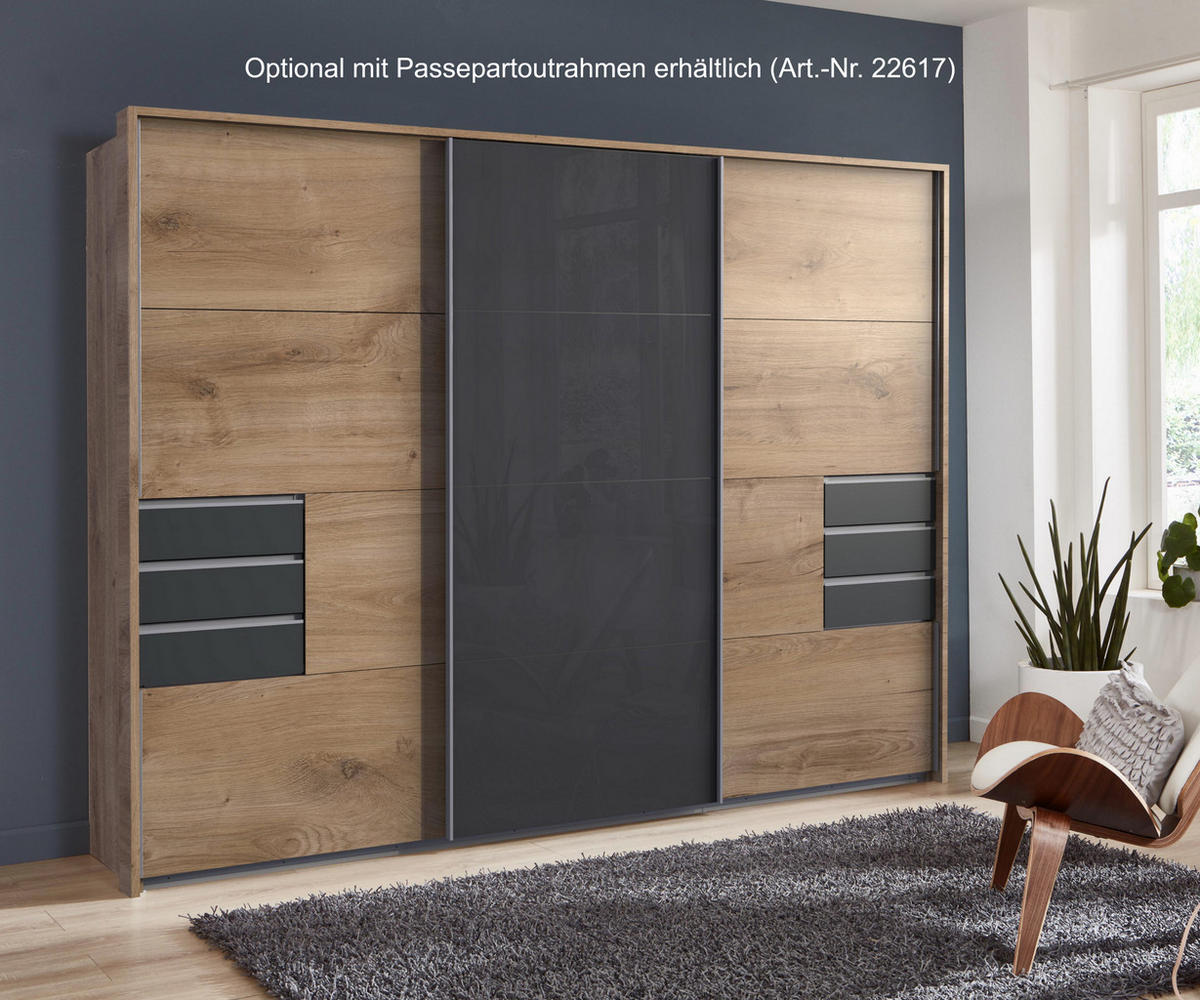 SKŘÍŇ S POSUVNÝMI DVEŘMI, 270 × 208 × 64 cm (Š×V×H), dekor dub, prostřední dveře se sklem v šedé barvě, se zásuvkami v grafitové barvě / 22611 - barva hliníku/grafitová, kov/kompozitní dřevo (270/208/64cm) - luma-home