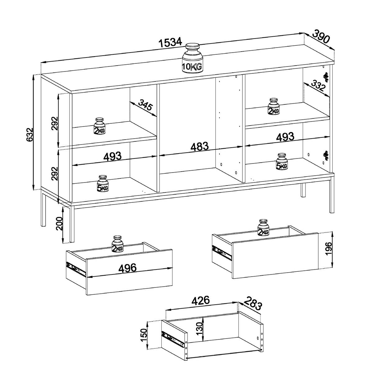 SIDEBOARD Laval KSZ154 – Eiche Wotan, Schwarz, mit Lamellen - Eichefarben/Eiche Wotan, Glas/Holzwerkstoff (154/83/39cm) - Komodee