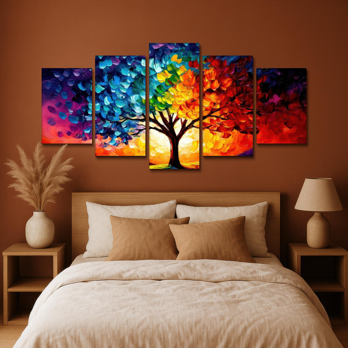 LEINWANDBILD 5er Set Baum - Farbenfroh - Malerei-Look - Abstrakt 200x100 cm - Multicolor, Textil (200/100cm) - MuchoWow