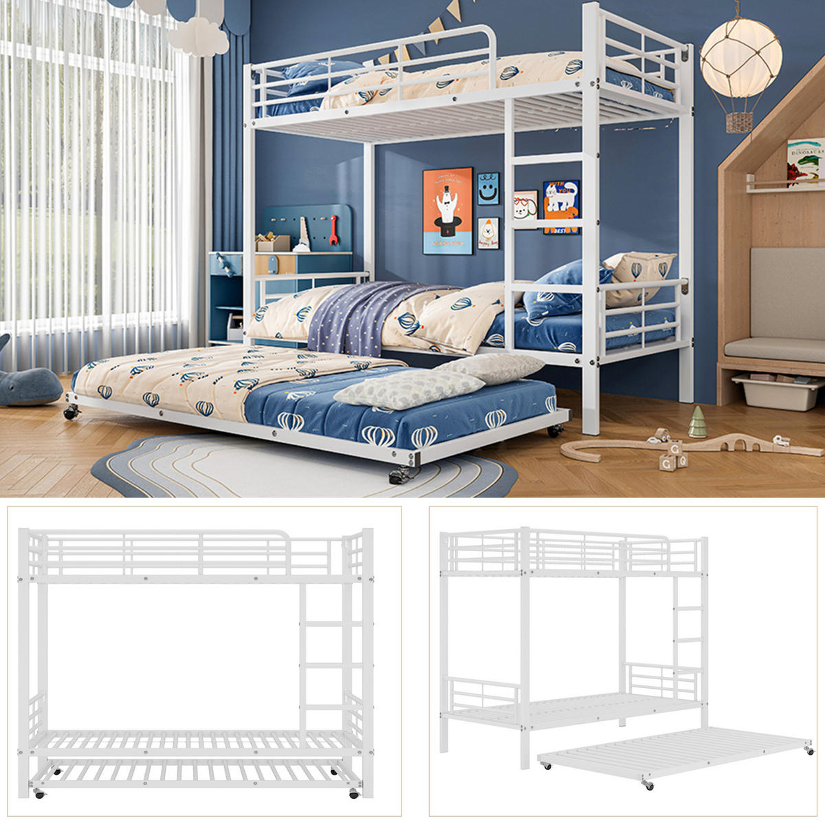 ETAGENBETT 90/200 cm mit Ausziehbett 90/190 cm, gerader Leiter und Sicherheitsgittern aus Metall, Weiß - Weiß, Metall (90/200cm) - Redom