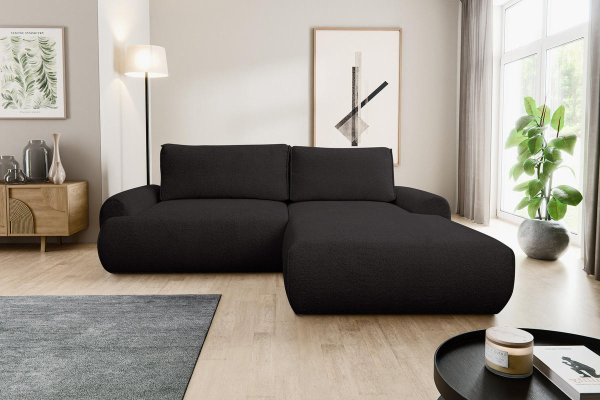ECKSOFA Moon in L-Form mit Schlaffunktion und Bettkasten, Farbe: Schwarz, Bouclé-Stoff, Ottomane Rechts - Schwarz, Textil (260/136cm) - VENASI MÖBEL