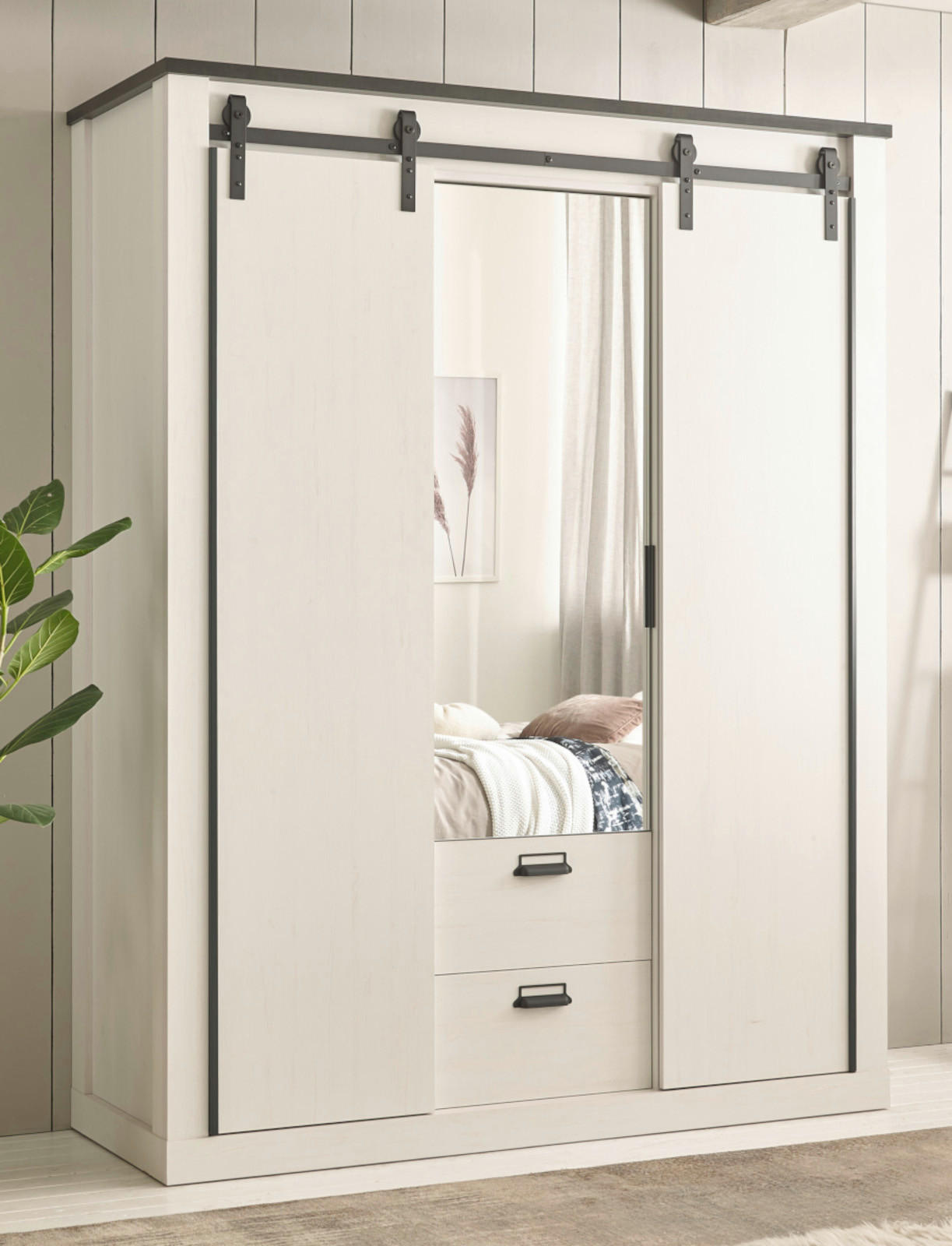KLEIDERSCHRANK weiß Pinie, anthrazit Landhaus, Schiebetürenschrank 3-türig mit Spiegel 163 x 209 - Anthrazit/Weiß, Holzwerkstoff/Metall (162/209/63cm) - Furn.Design