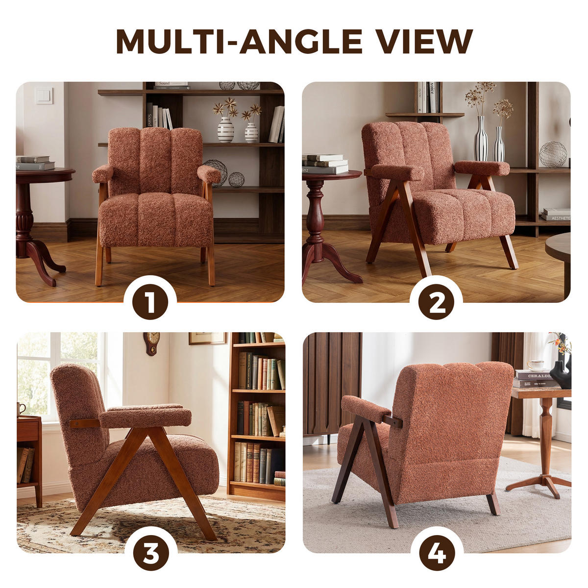 FÅTÖLJ i Bouclé och Ekträ, modern accentstol - Rostfärgad, Trä (77/77/68.5cm) - Urban Meuble