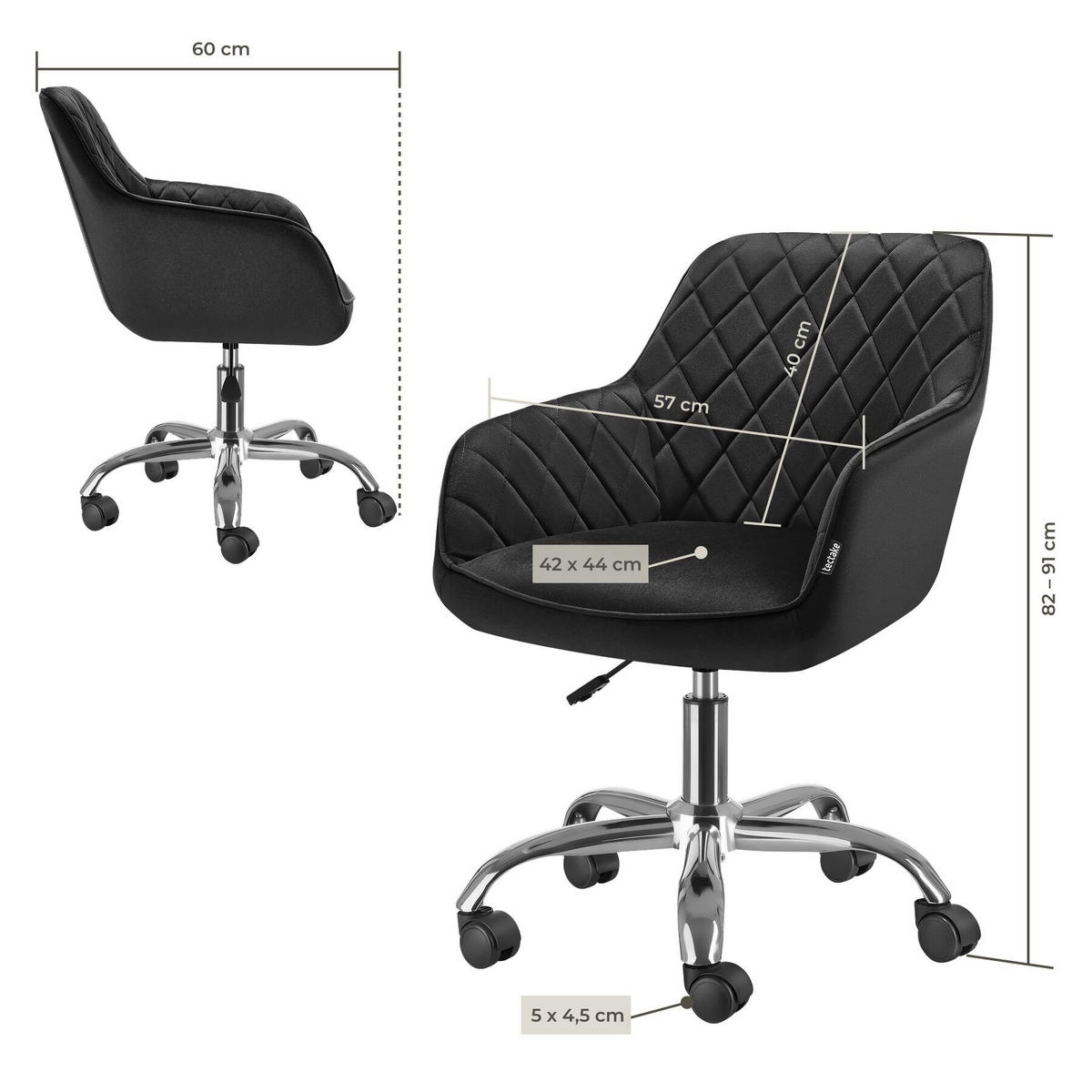 DREHSTUHL Nancy, 57 x 60 x 82 – 91 cm, Belastbarkeit 150 kg, schwarz - Schwarz, Kunststoff (57/91/60cm) - tectake