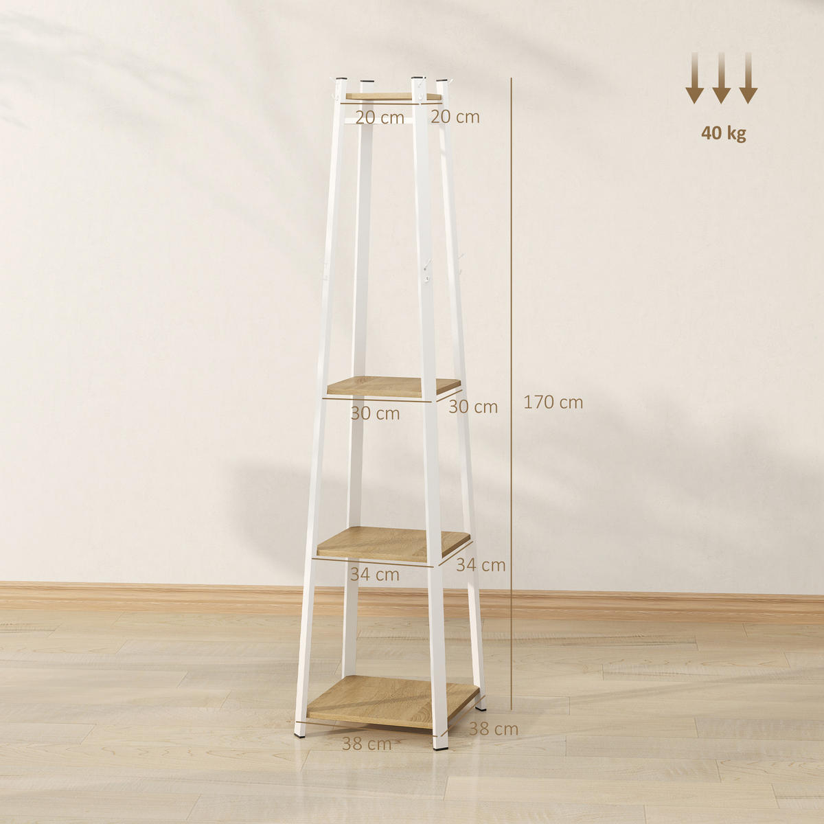 GARDEROBENSTÄNDER, mit 8 Haken, 4 Ebenen, Flur, 34 x 34 x 170 cm, Weiß - Eichefarben, Holzwerkstoff (34/170/34cm) - HOMCOM