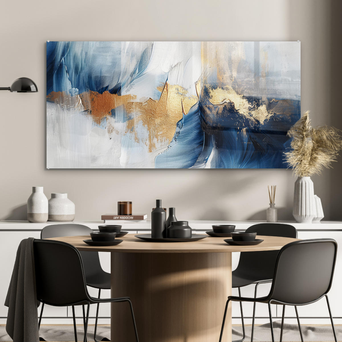 OBRAZ NA AKRYLOVOM SKLE Zlatá - modrá - akvarel - umenie - moderné 120x60 cm - svetlomodrá, sklo (120/60cm) - MuchoWow