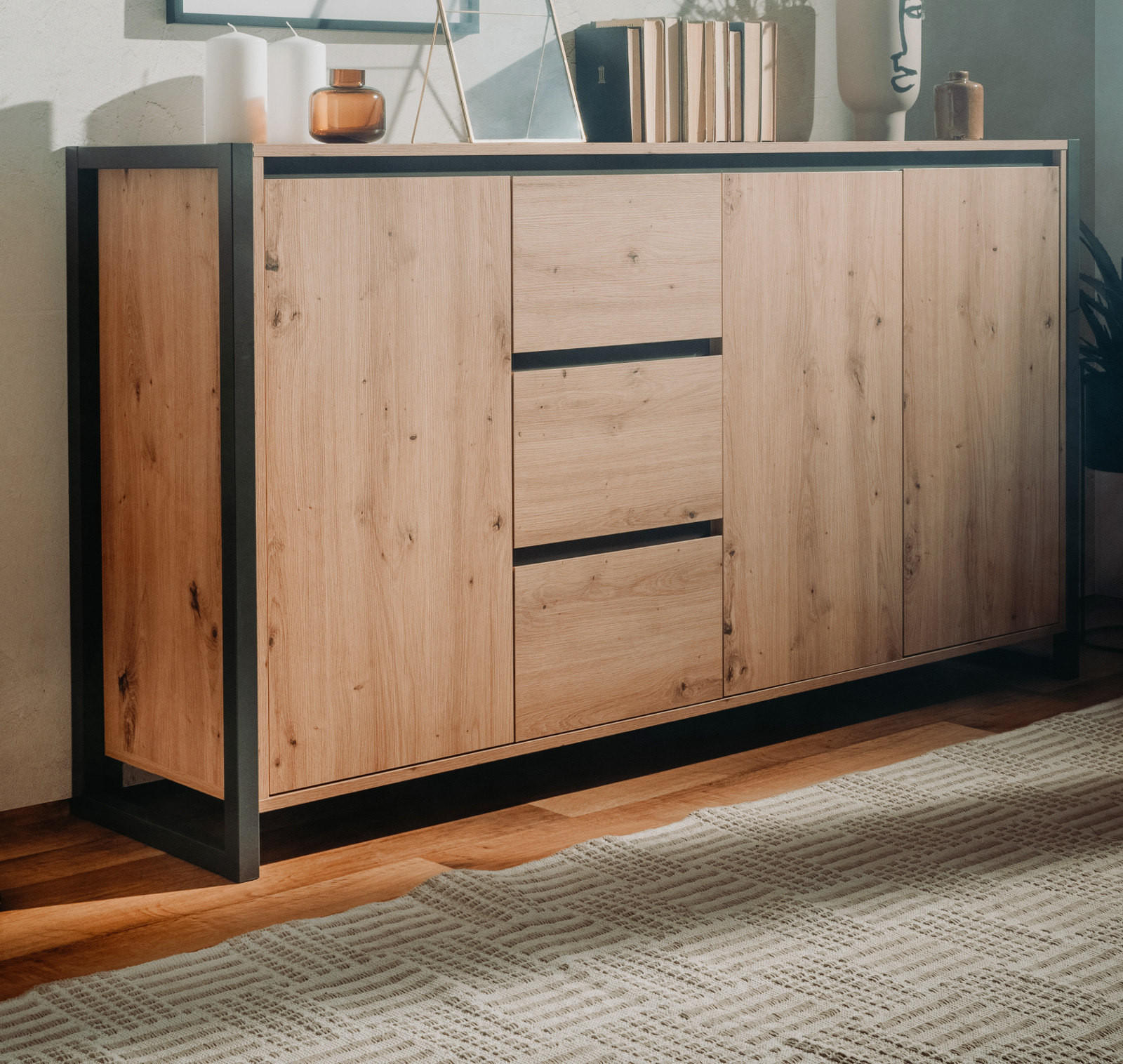 SIDEBOARD Eiche Artisan, anthrazit, 160 cm Industrial Design, Kommode mit viel Stauraum - Anthrazit/Eiche Artisan, Holzwerkstoff (160/88/40cm) - Furn.Design