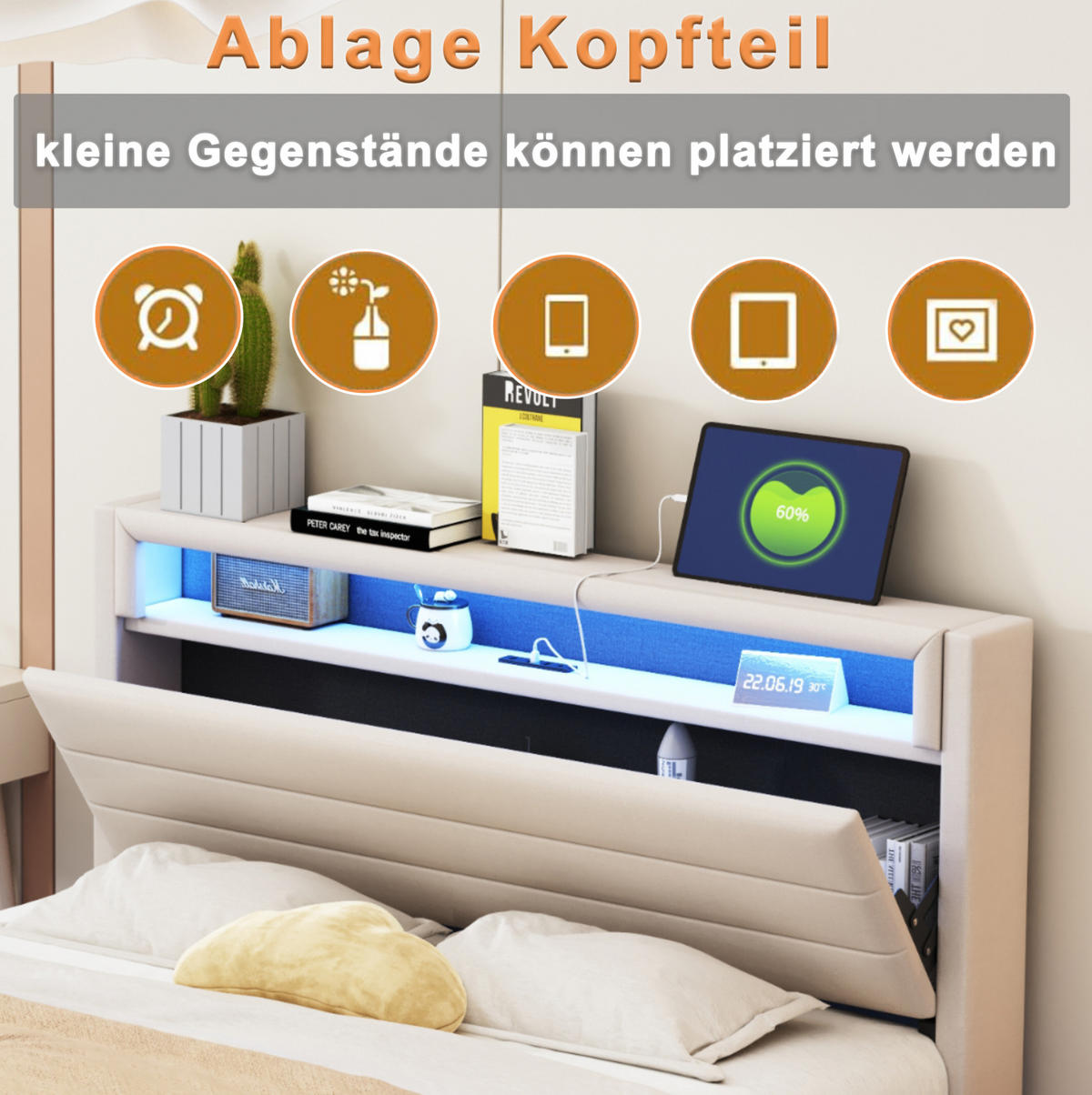 POLSTERBETT 160/200 cm Beige aus Stoff mit LED und USB-Steckdose - Beige, Textil (160/200cm) - OKMYHOME