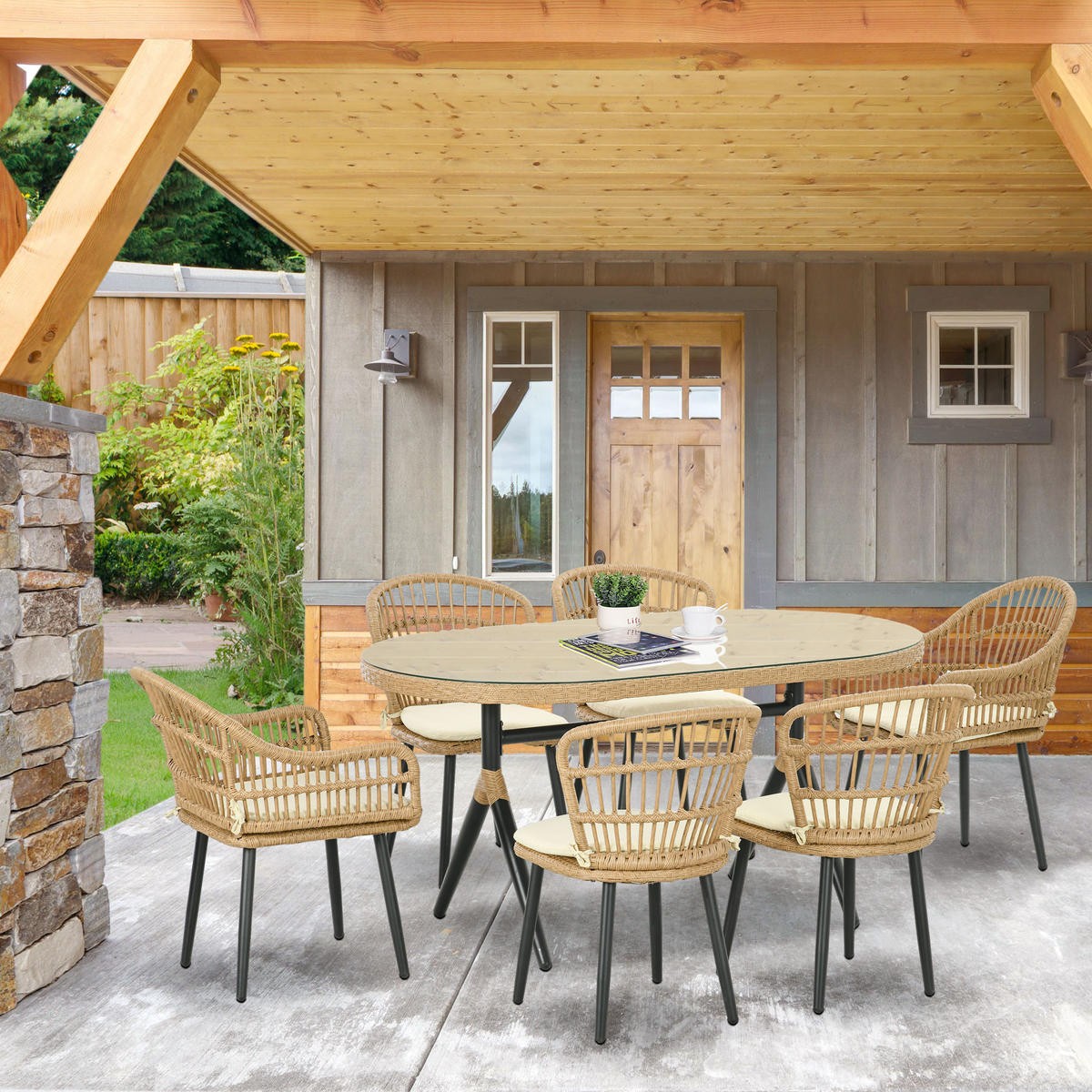 GARTENESSGRUPPE DE-13594 mit 6 Stühlen & Glastisch, PE-Rattan Natur - Naturfarben, Metall - ComfortXL