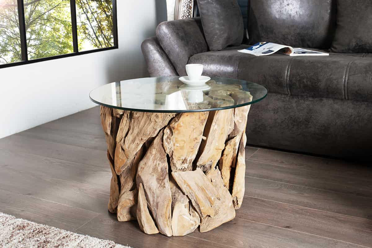 COUCHTISCH RIVERSIDE Teakholz rund Natur|Transparent 60cm - Transparent/Braun, Glas/Holz (60/60/40cm) - riess-ambiente