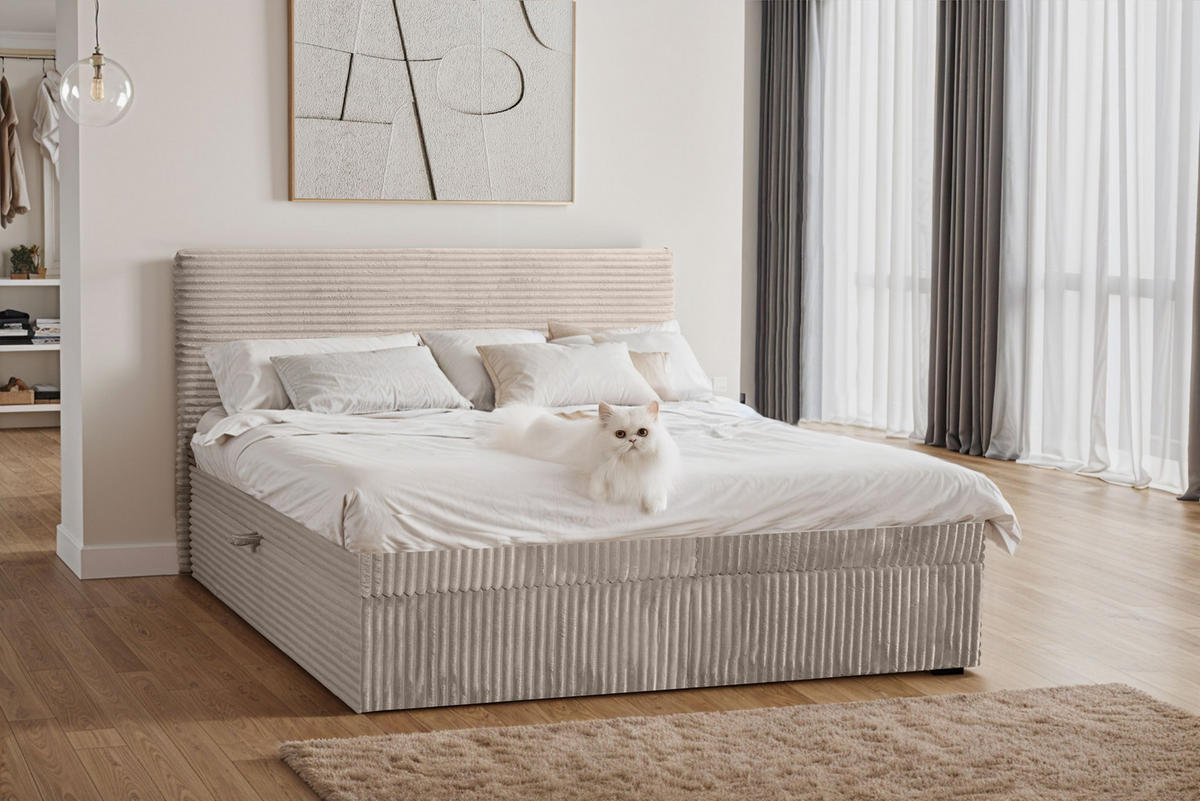 BOXBETT Bettkasten Und Topper TRENTO Ohne Bein Stoff Plüsch Cord 180x200 cm Beige H3-Bonell - Beige, Holz/Textil (180/200cm) - Kaiser Möbel