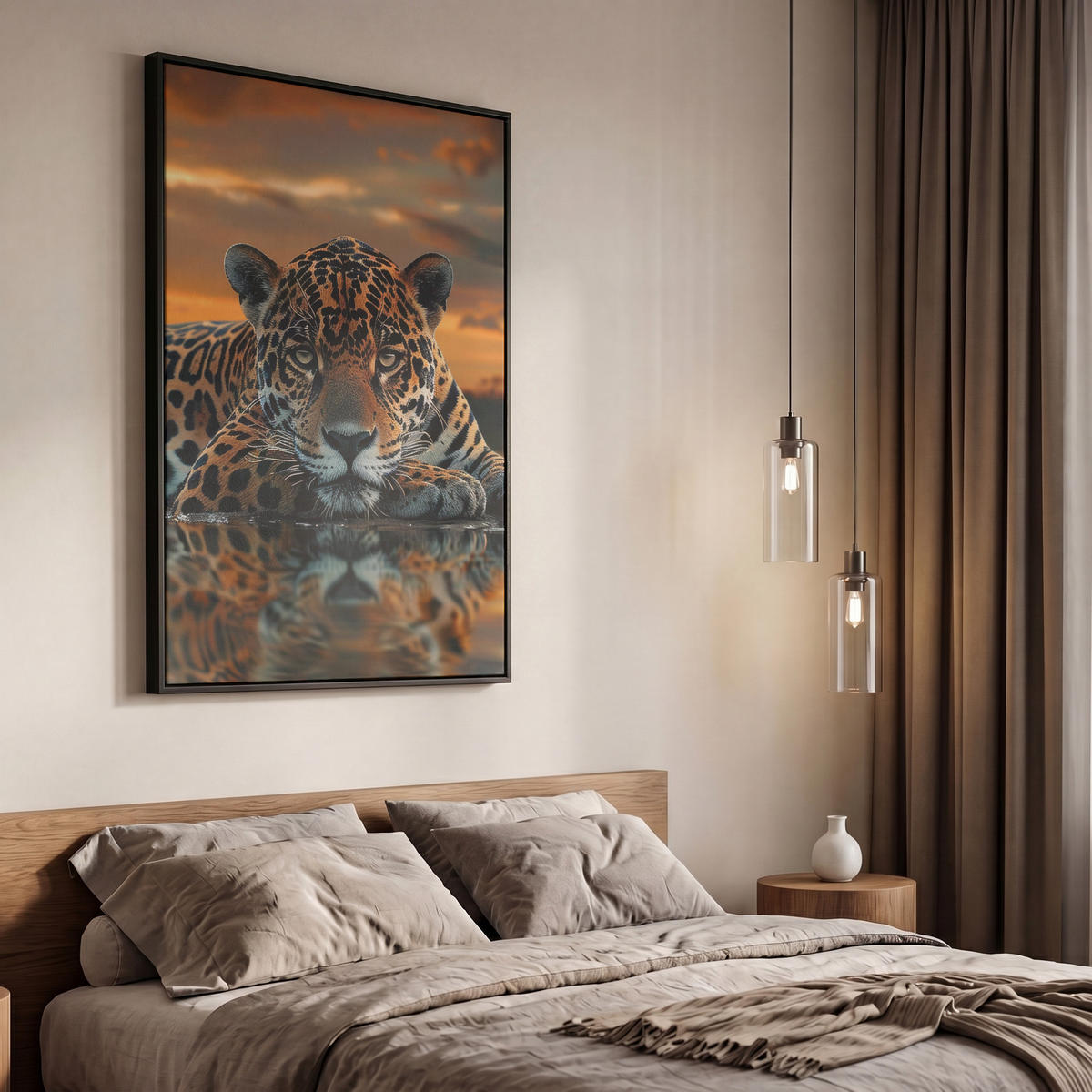 LEINWAND Bilder mit Rahmen - Natur - Leopard - Tier - Sonnenuntergang - Modern - 60x90 - Orange, Textil (60/90cm) - MuchoWow