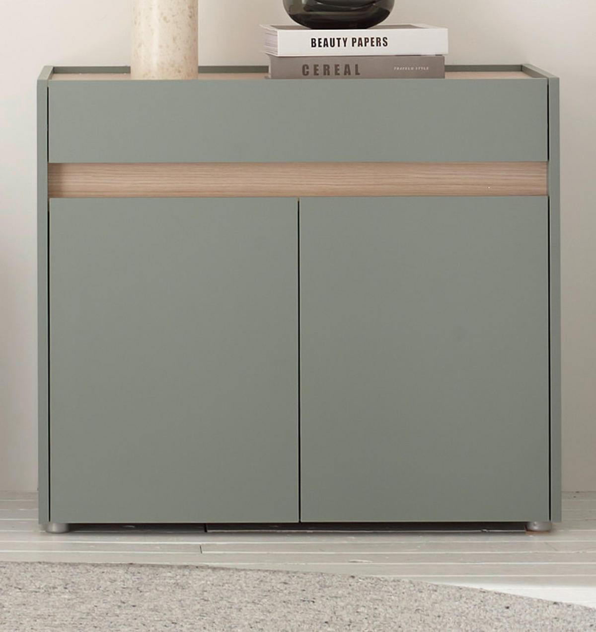 SCHUHSCHRANK Flur Kommode in Salbei Grün mit Eiche, Schubkasten und Fächer, 80 x 70 cm - Salbeigrün/Eichefarben, Holz/Holzwerkstoff (80/70/40cm) - Furn.Design