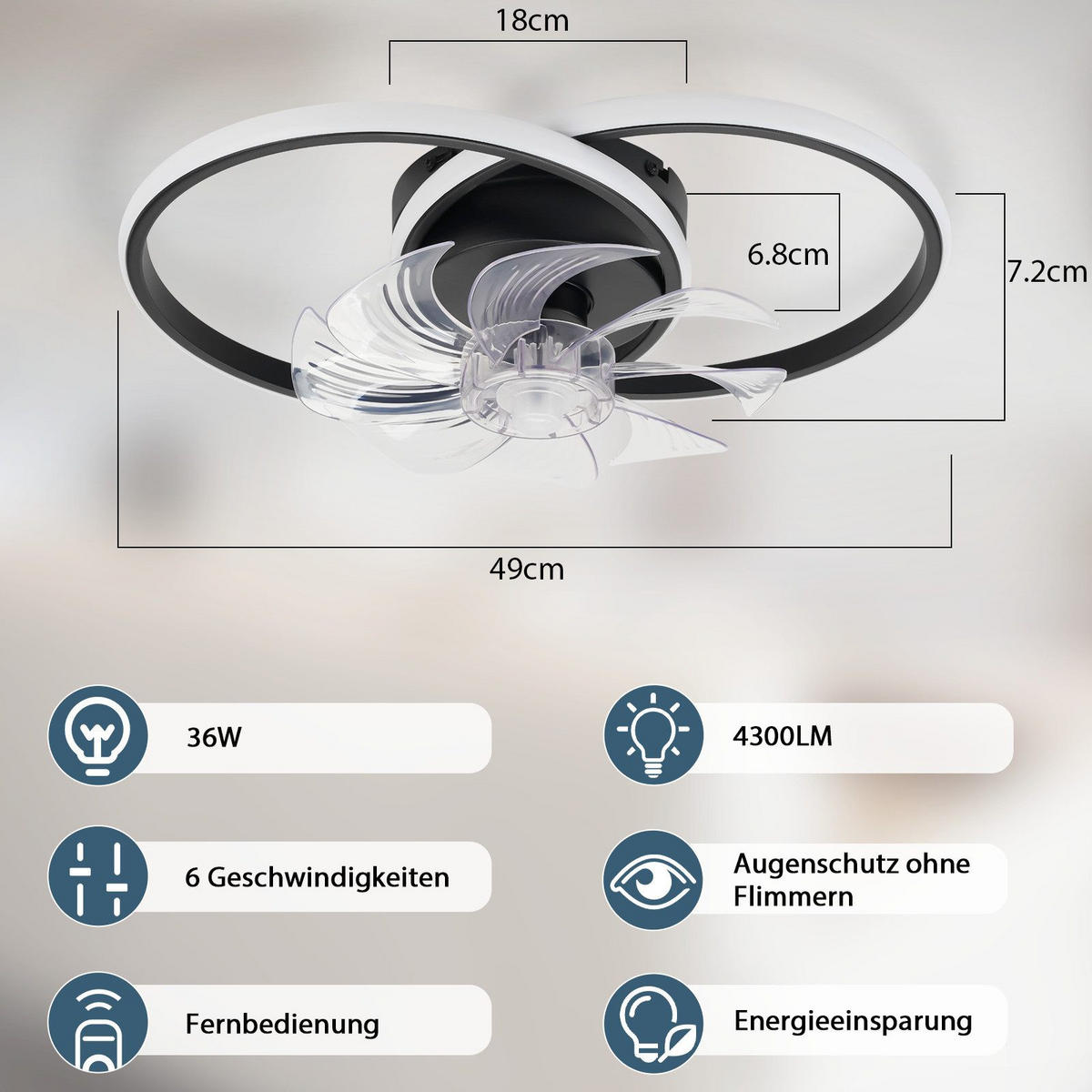 DECKENVENTILATOR Erik II 50/50/17cm - Schwarz, Kunststoff (50/33/17cm) - Nettlife