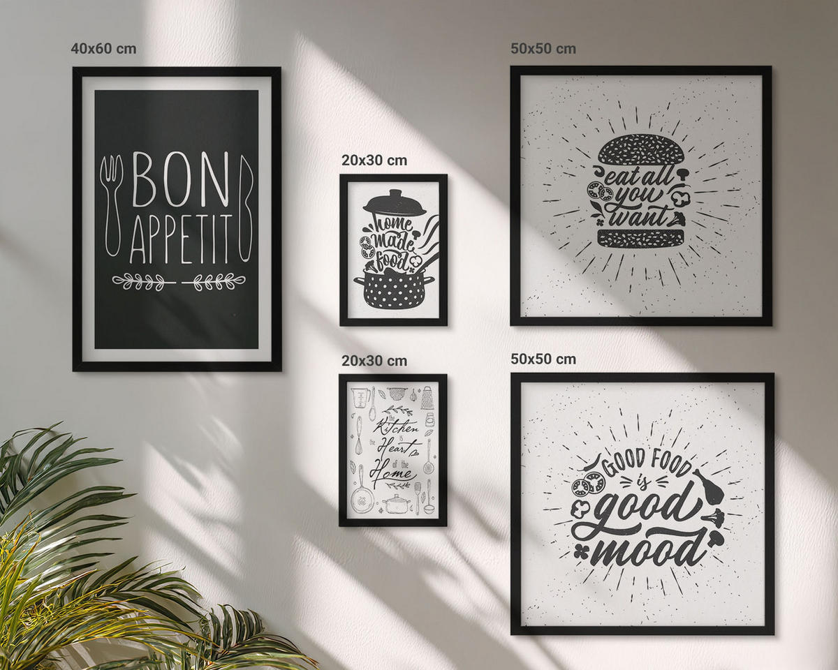 BILDER SET 5er Set - 50x50 cm & 20x30 cm & 40x60 cm Schwarzer Rahmen - Grafiken, Lebensmittel, kulinarische Slogans - Schwarz, Kunststoff (40/60cm) - TULUP