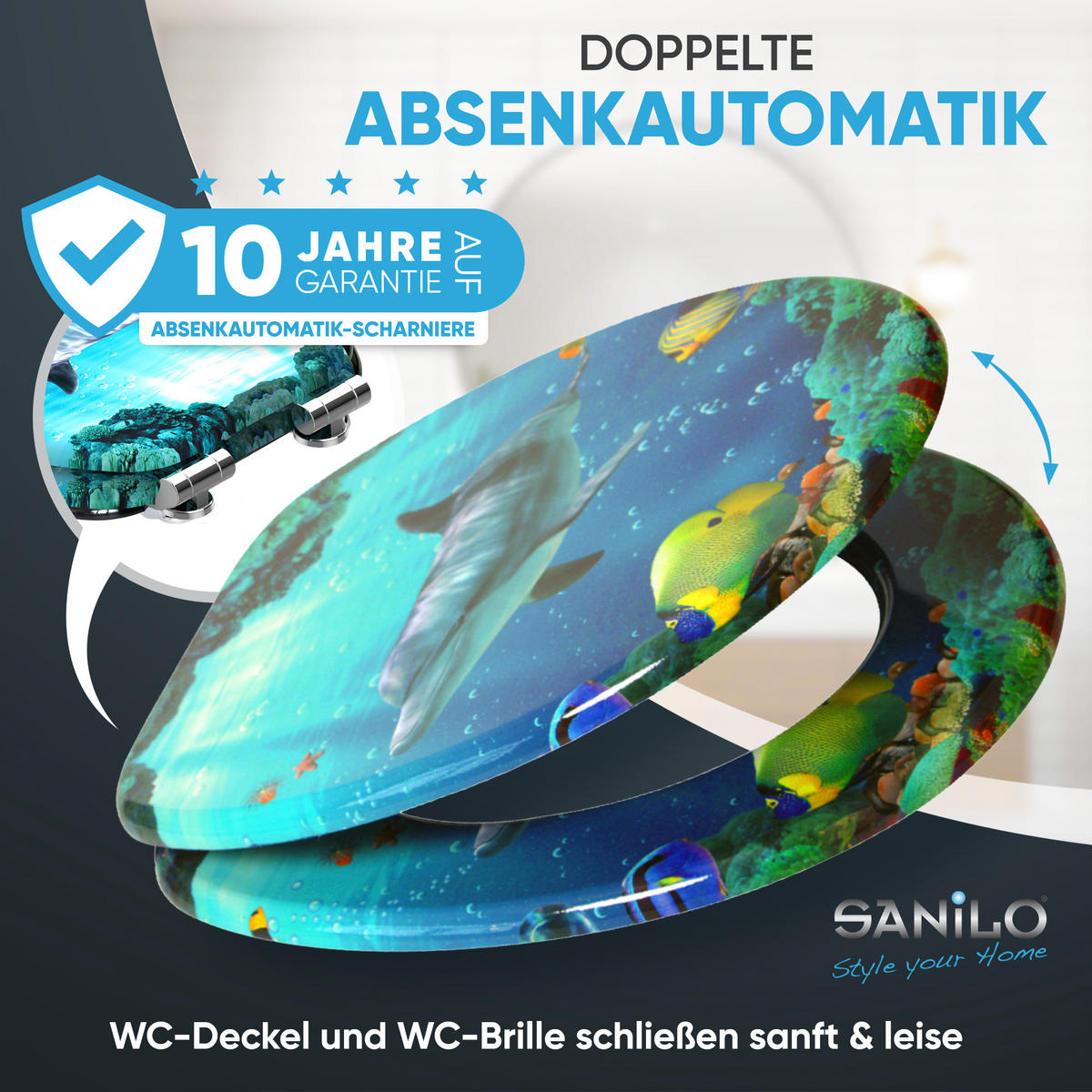 WC-SITZ Absenkautomatik Delphin Korallen - Blau, Holzwerkstoff (38/6/47cm) - Sanilo
