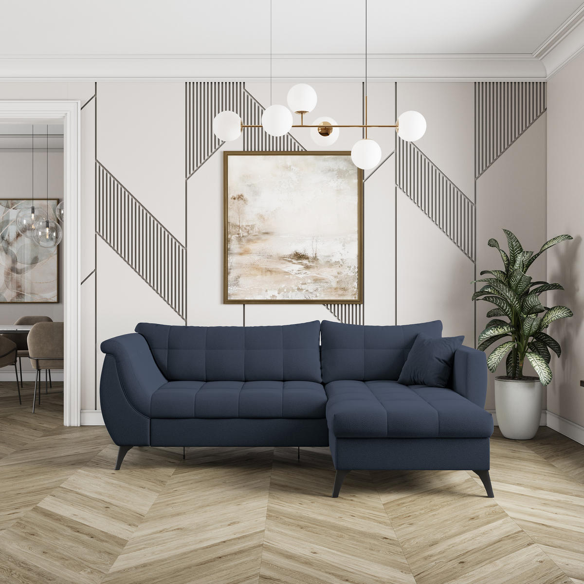 ECKSOFA MOLLIS Blau Geflochtener-Stoff mit Schlaffunktion - Blau, Holz (241/154cm) - MASSENO