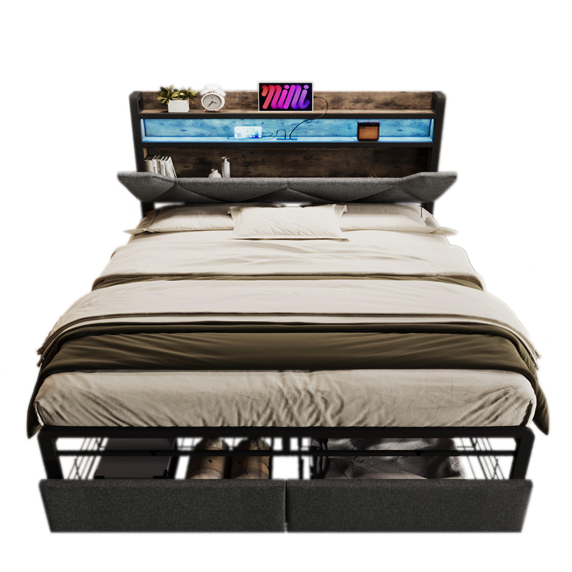 POLSTERBETT 160/200 cm mit LED, USB- und Typ-C-Anschluss, Stauraum-Kopfteil und 2 Schubladen, Grau - Grau, Textil (160/200cm) - Redom