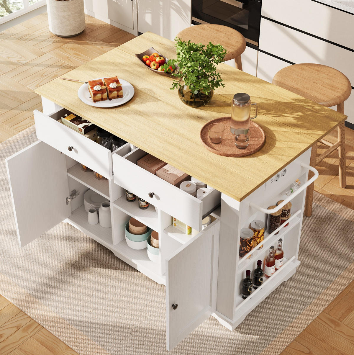 KÜCHENINSEL 151,5/59,7/91,7 cm weiß aus MDF/Metall mit Steckdose - Weiß, Holzwerkstoff (151.5/91.7/59.7cm) - OKWISH