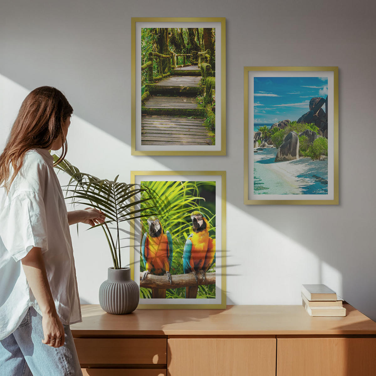 WANDBILDER 3er Set - 40x60 cm Goldrahmen - Tropischer Wald Papageienwasserfall - Goldfarben, Kunststoff (40/60cm) - ArtPrintCave