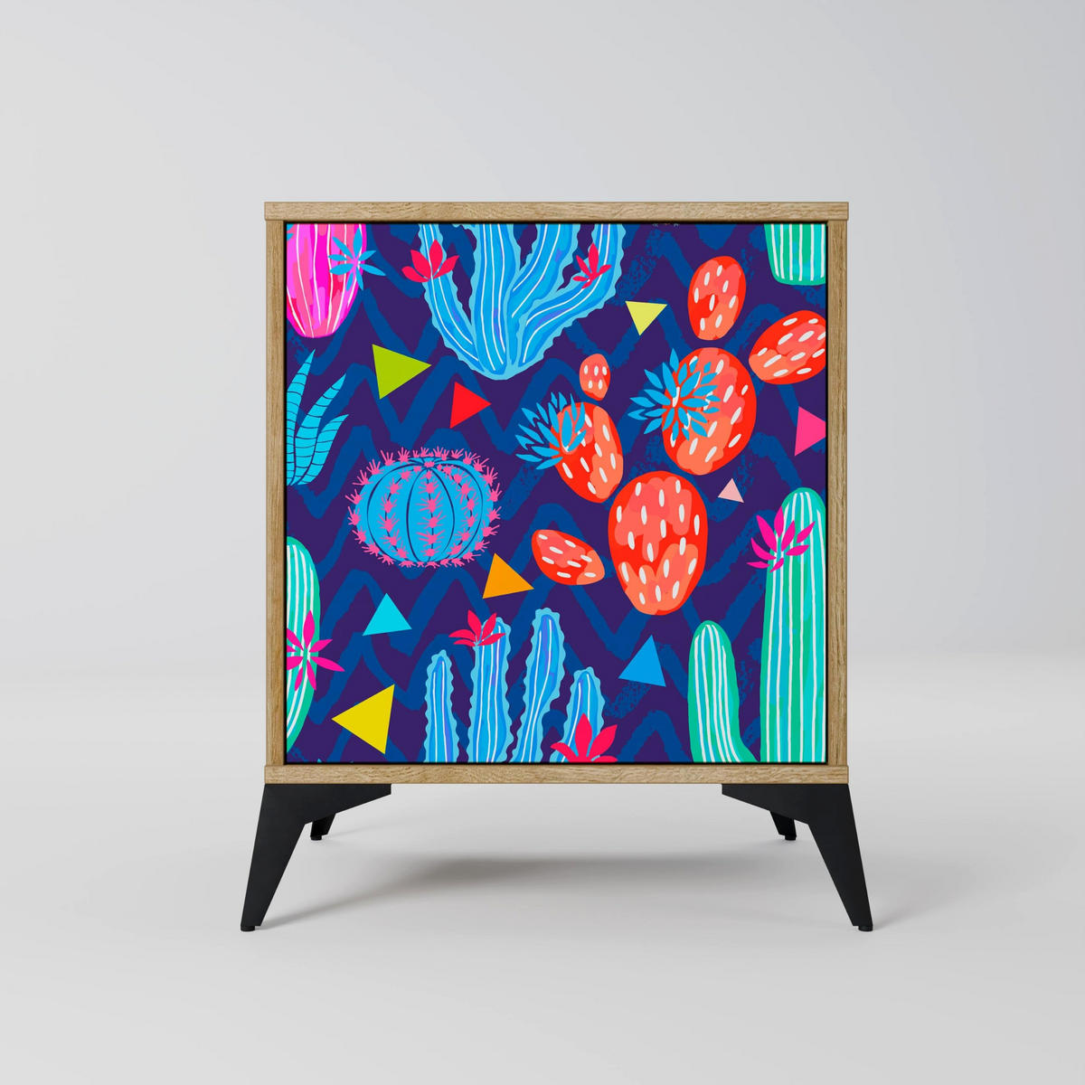SIDEBOARD CACTUS VIBES, Eichefarben, 57,5x42x67,5 cm, Schwarze Metall-Rahmenfüße - Eichefarben/Multicolor, Holzwerkstoff/Metall (57.5/67.5/42cm) - SpaceRebels