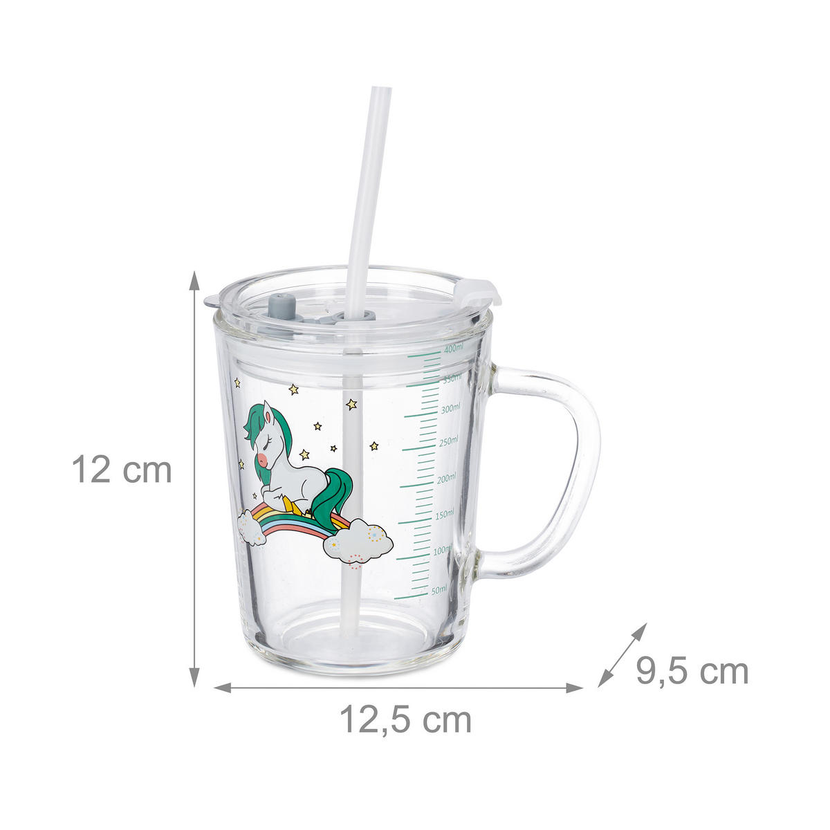 GLAS Transparent vit grön 2-pack för barn hästmotiv 400 ml - Transparent, Glas/Plast (0.4L) - Relaxdays