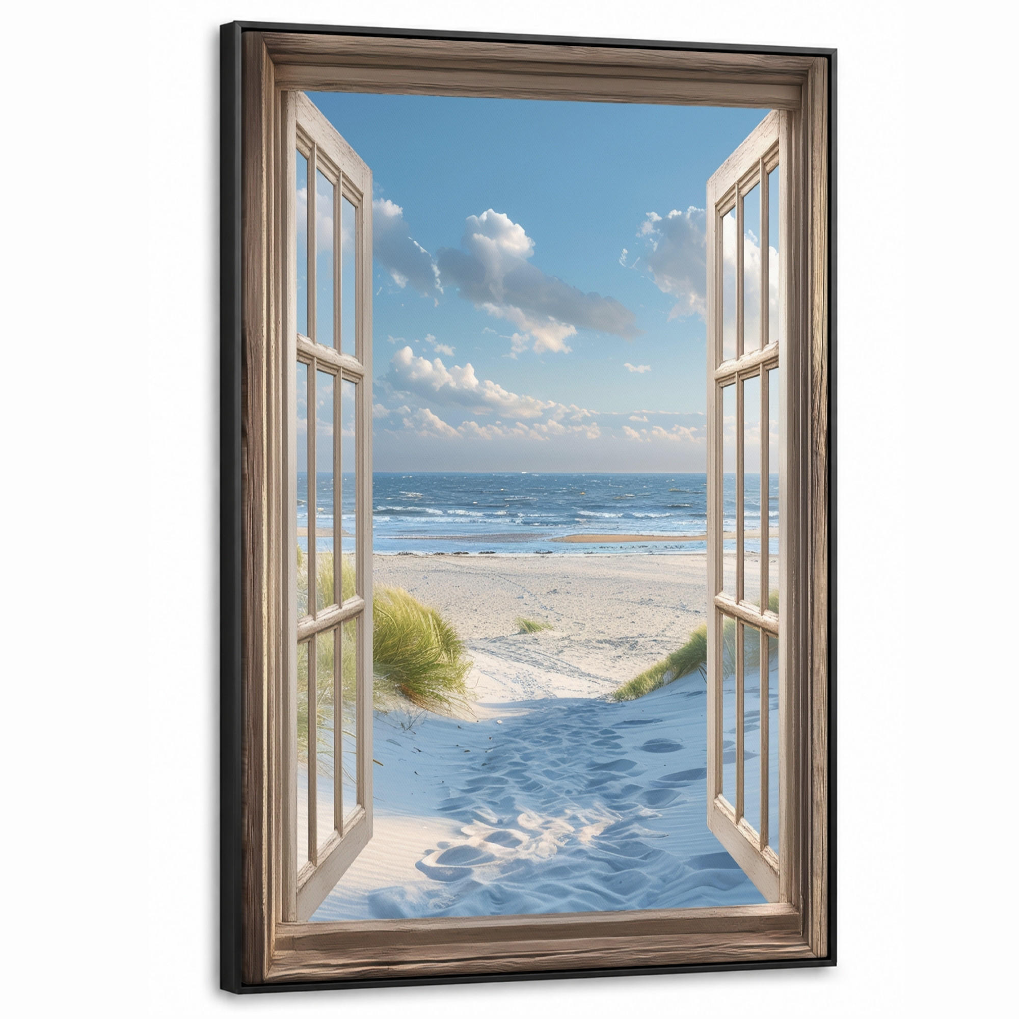 LEINWAND Bilder mit Rahmen - Aussicht - Strand - Fenster - Dünen - Meer - 90x140 - Hellblau, Textil (90/140cm) - MuchoWow