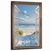 LEINWAND Bilder mit Rahmen - Aussicht - Strand - Fenster - Dünen - Meer - 100x150 - Hellblau, Textil (100/150cm) - MuchoWow