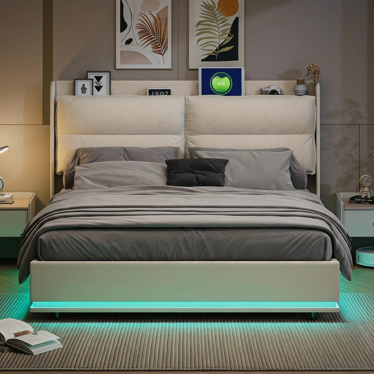 ČALÚNENÁ posteľ 140/200 cm béžová so zamatom, LED a USB - béžová, drevo - SHOPENTRA