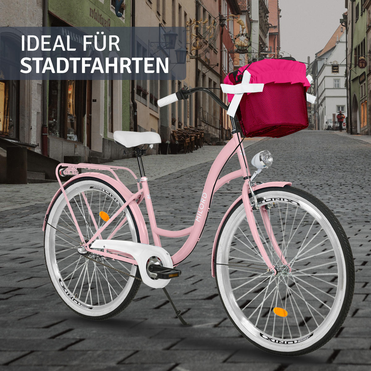 CITY-FAHRRAD Milord mit Metallkorb, 26 Zoll, Rosa, 3-Gang - Pink, Metall (46cm) - Milordbikes