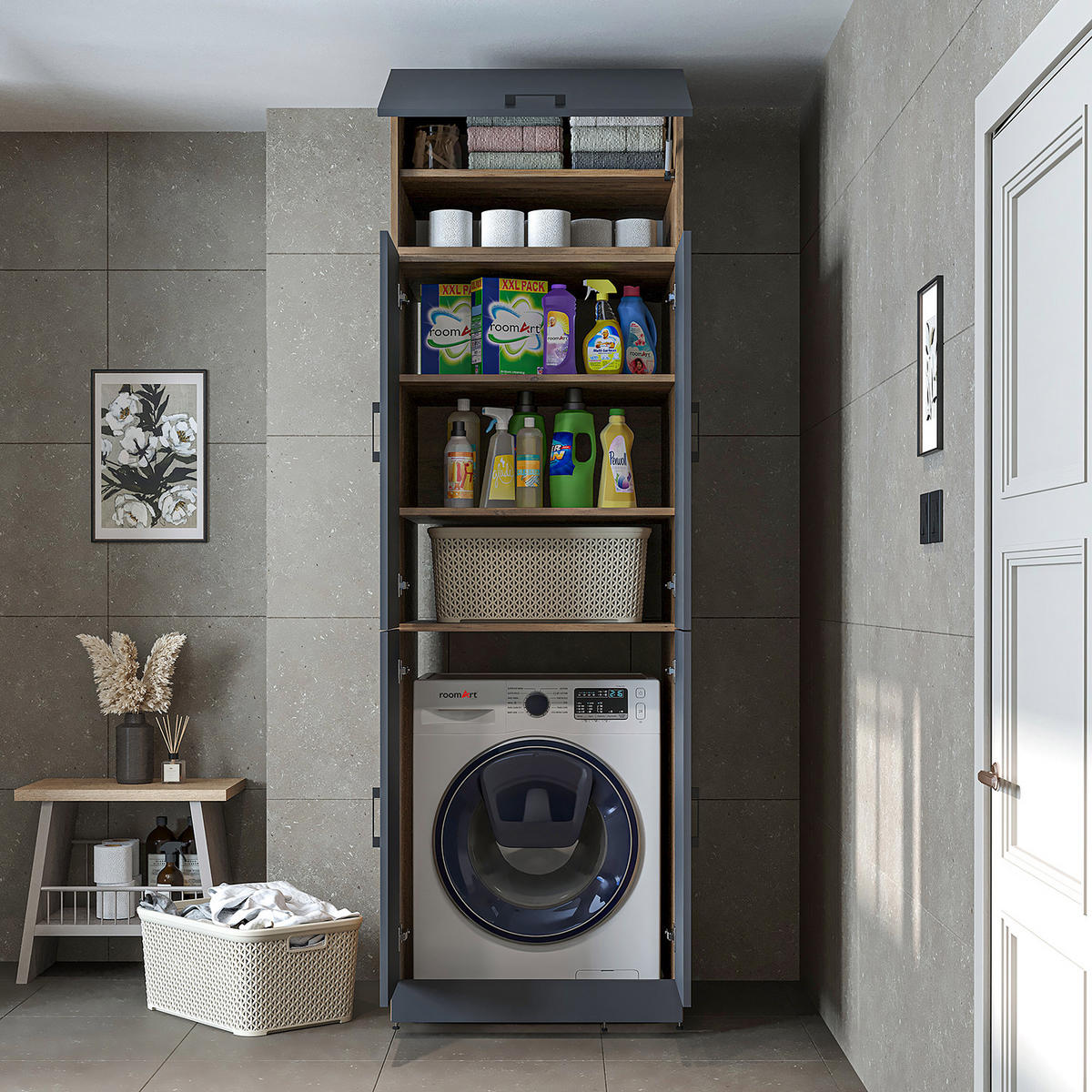 WASCHMASCHINENSCHRANK DORA-II 70cm Breit, 230cm Hoch - Anthrazit, Holzwerkstoff (70/230/74cm)