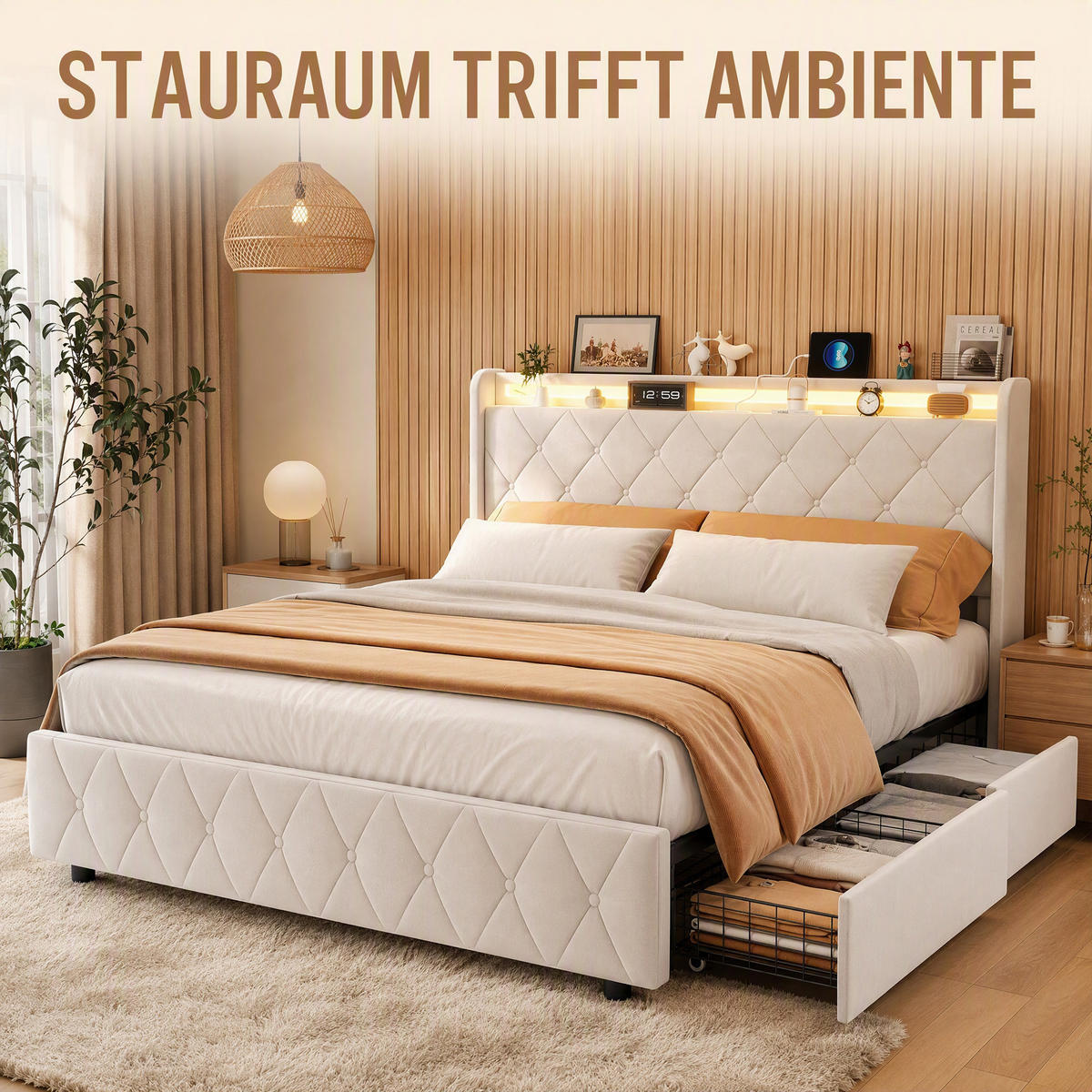 POLSTERBETT 160x200 cm, LED-Beleuchtung Doppelbett mit Ladefunktion und 4 Schubladen, Samt, beige - Beige, Holz/Holzwerkstoff (160/200cm) - GENKI LIVING