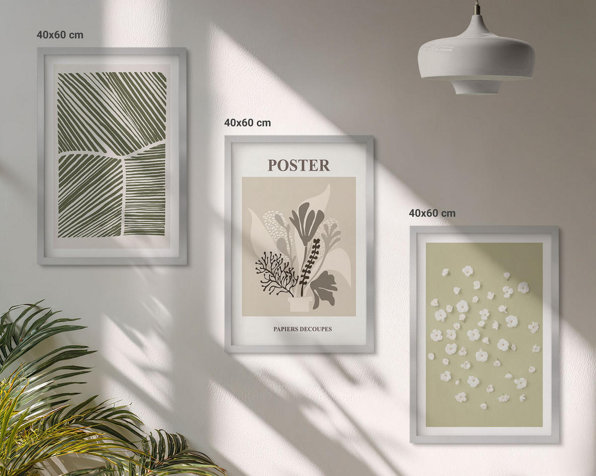 WANDBILDER 3er Set - 40x60 cm Silberner Rahmen - Gedämpfte Pflanzenmotive - Silberfarben, Kunststoff (40/60cm) - ArtPrintCave
