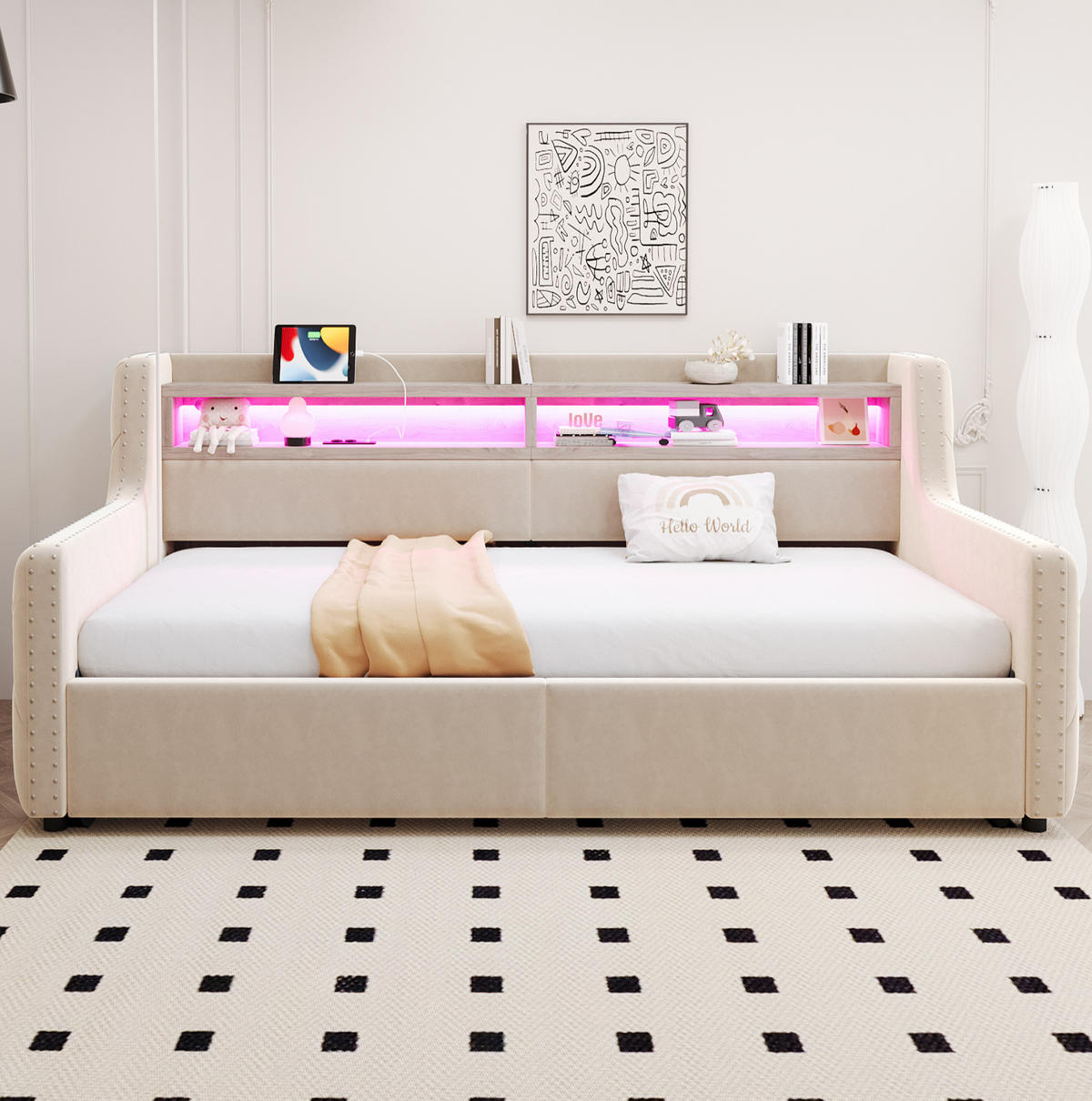 POLSTERBETT 90/200 cm aus Samt mit LED, Stauraum und Lattenrost Beige - Beige, Textil (90/200cm) - Modenvie