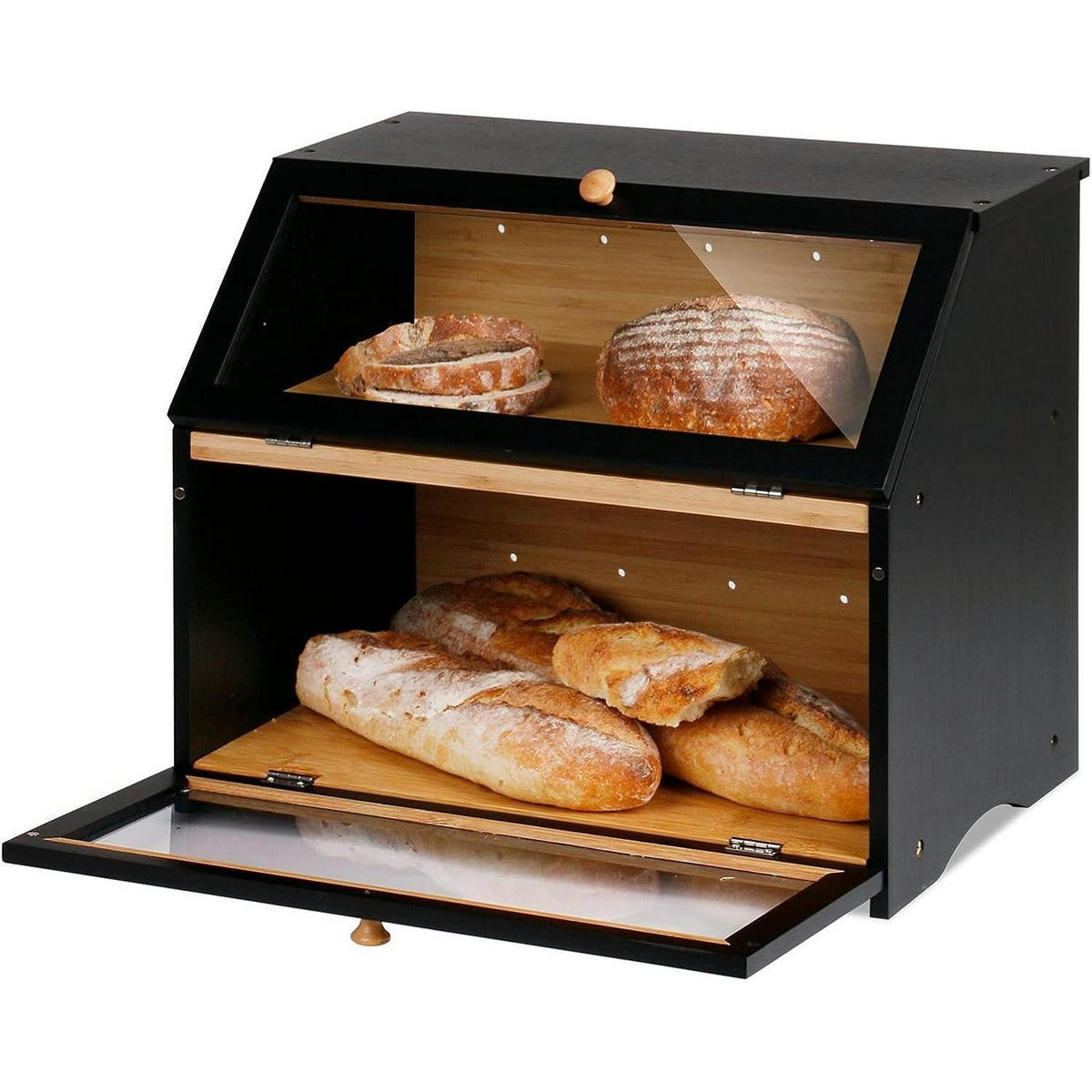 BROTKASTEN 2 Etagen Bambus Schwarz 39 cm - Schwarz, Naturmaterialien (25/32/39cm)