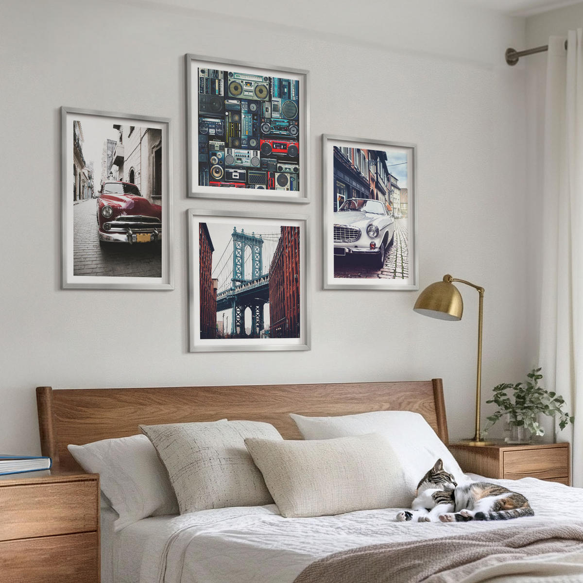 BILDER SET 4er Set - 50x50 cm & 40x60 cm Silberner Rahmen - Old Cars Brooklyn Retro-Audio - Silberfarben, Kunststoff (50/50cm) - TULUP