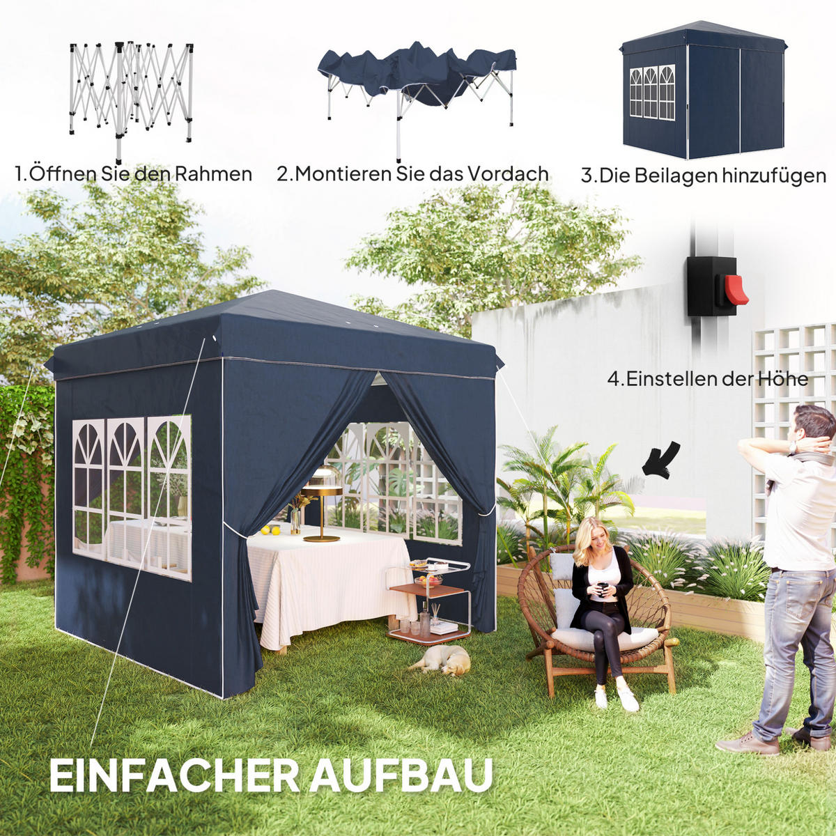FALTPAVILLON 248/248/270 cm mit Pop-up-Mechanismus, 3-fach höhenverstellbar und 4 Seitenteilen, Blau - Blau, Textil (248/270/248cm) - Redom