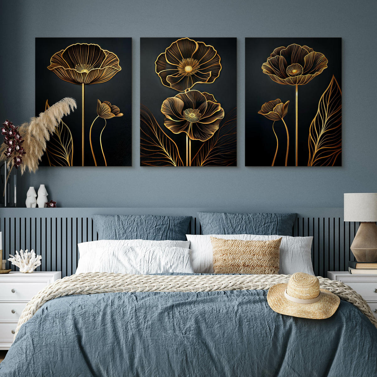 LEINWANDBILDER 3-es Set Abstrakte Blumen - Beige/Schwarz, Textil (90/40cm) - Muralo