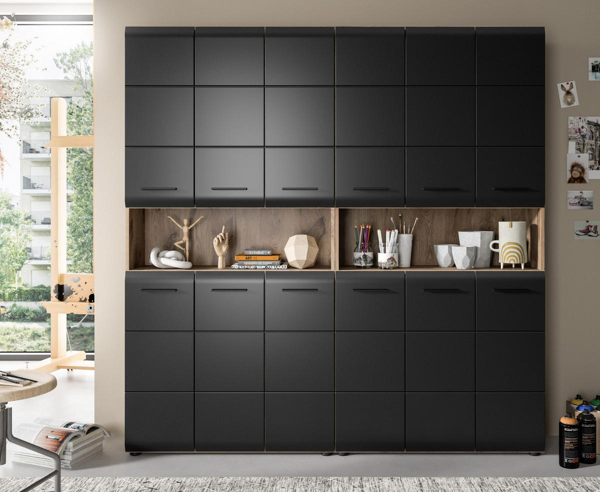 HOCHSCHRANK Badschrank Set Schwarz matt, Eiche 2x Mehrzweckschrank, 12-türig gesamt 180 x 185 cm - Eichefarben/Schwarz, Holzwerkstoff/Kunststoff (180/185/30cm) - Inn.Furn